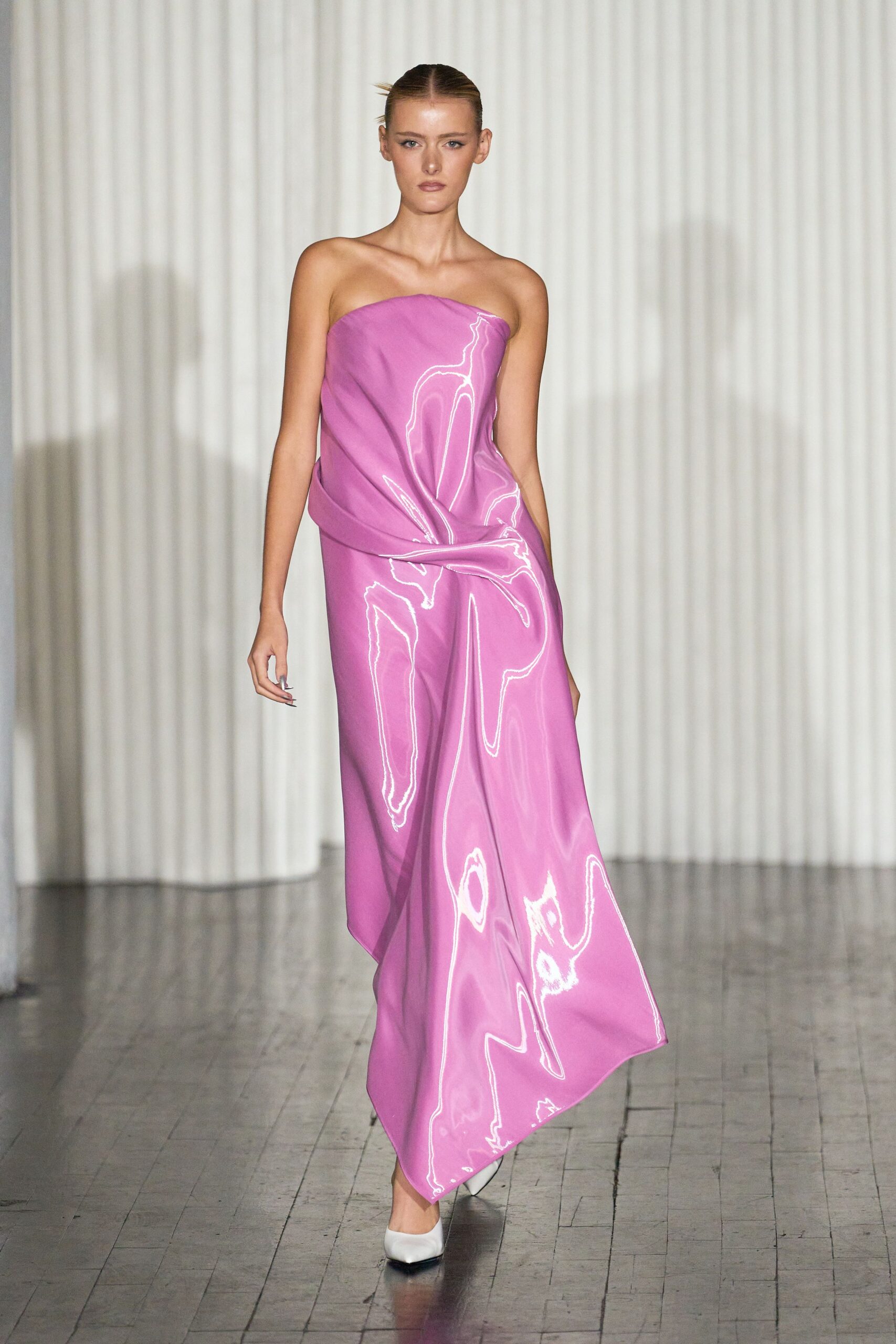 pink vinyl strapless fitted draped shiny maxi gown