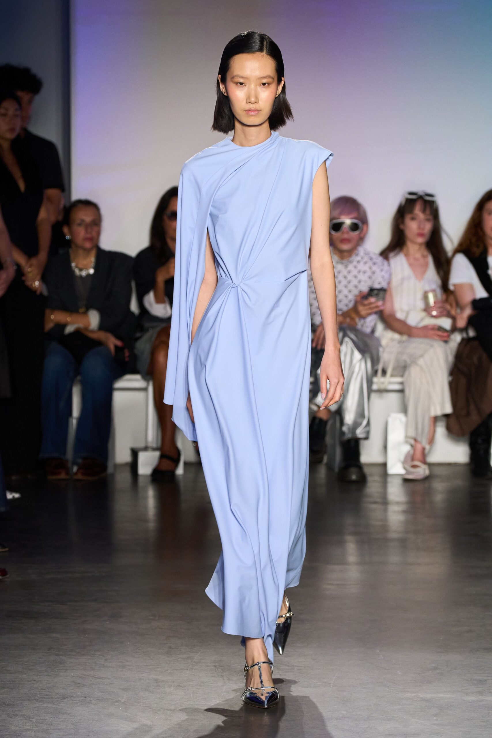 blue silk fitted gown with heels