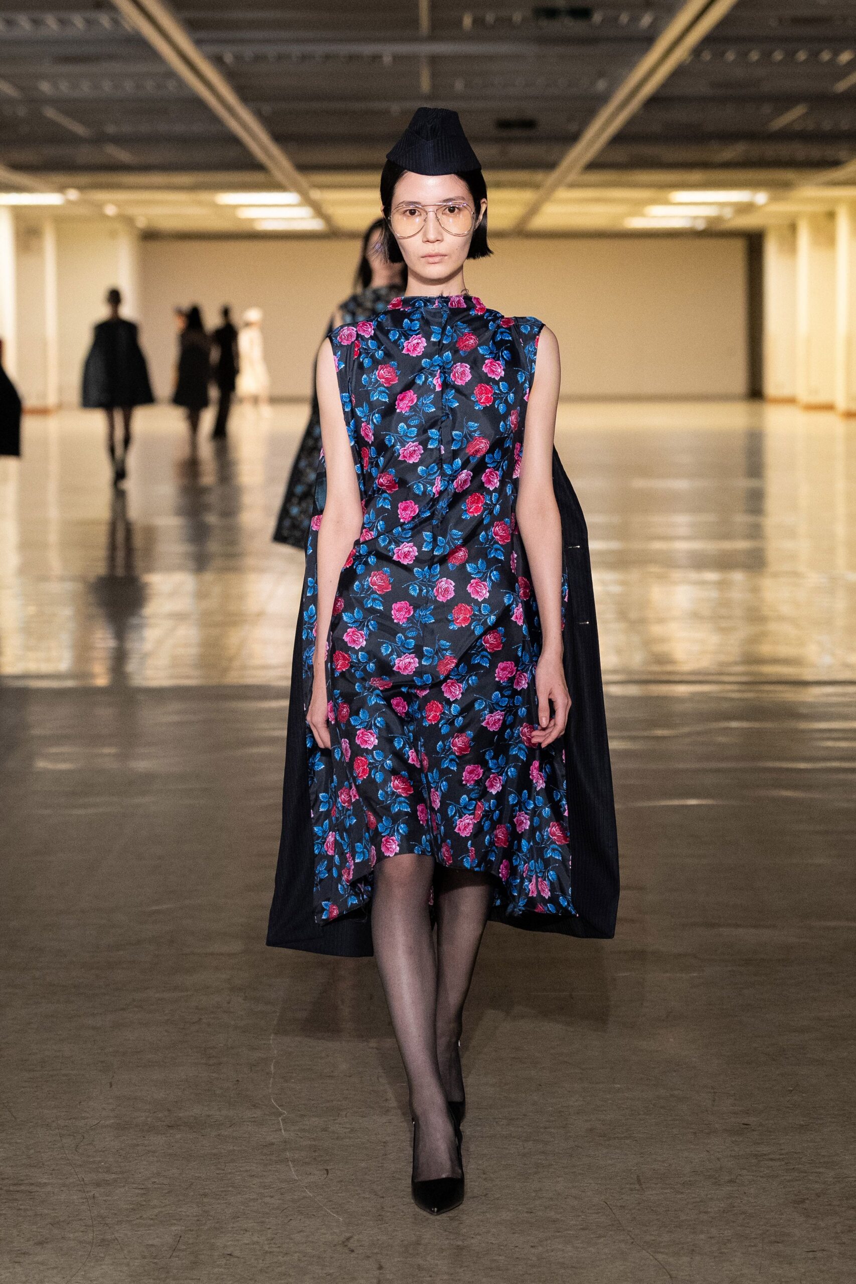 black silk sleeveless high-neck fitted floral a-line dress