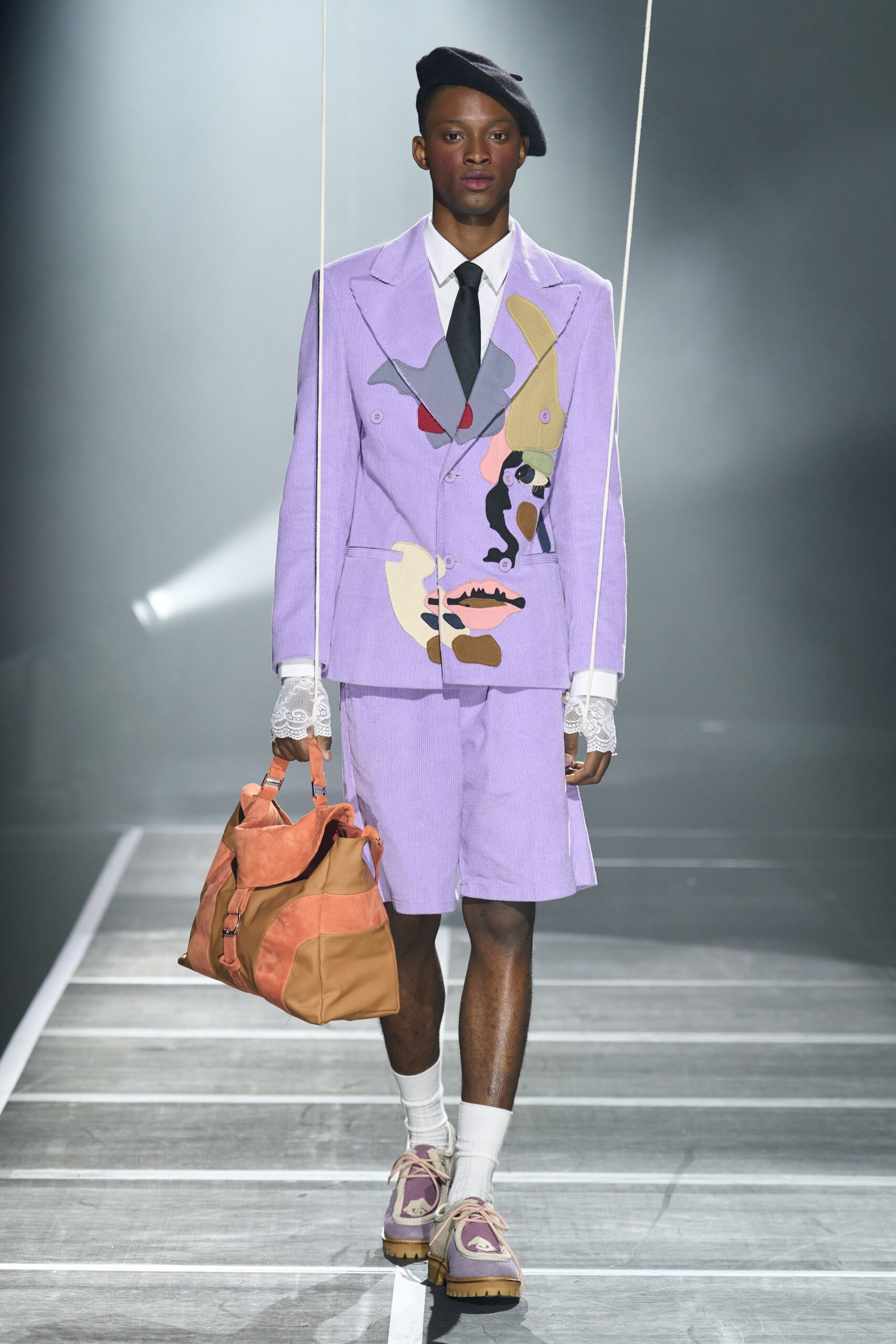 purple cotton long-sleeve collared tailored buttoned printed suit