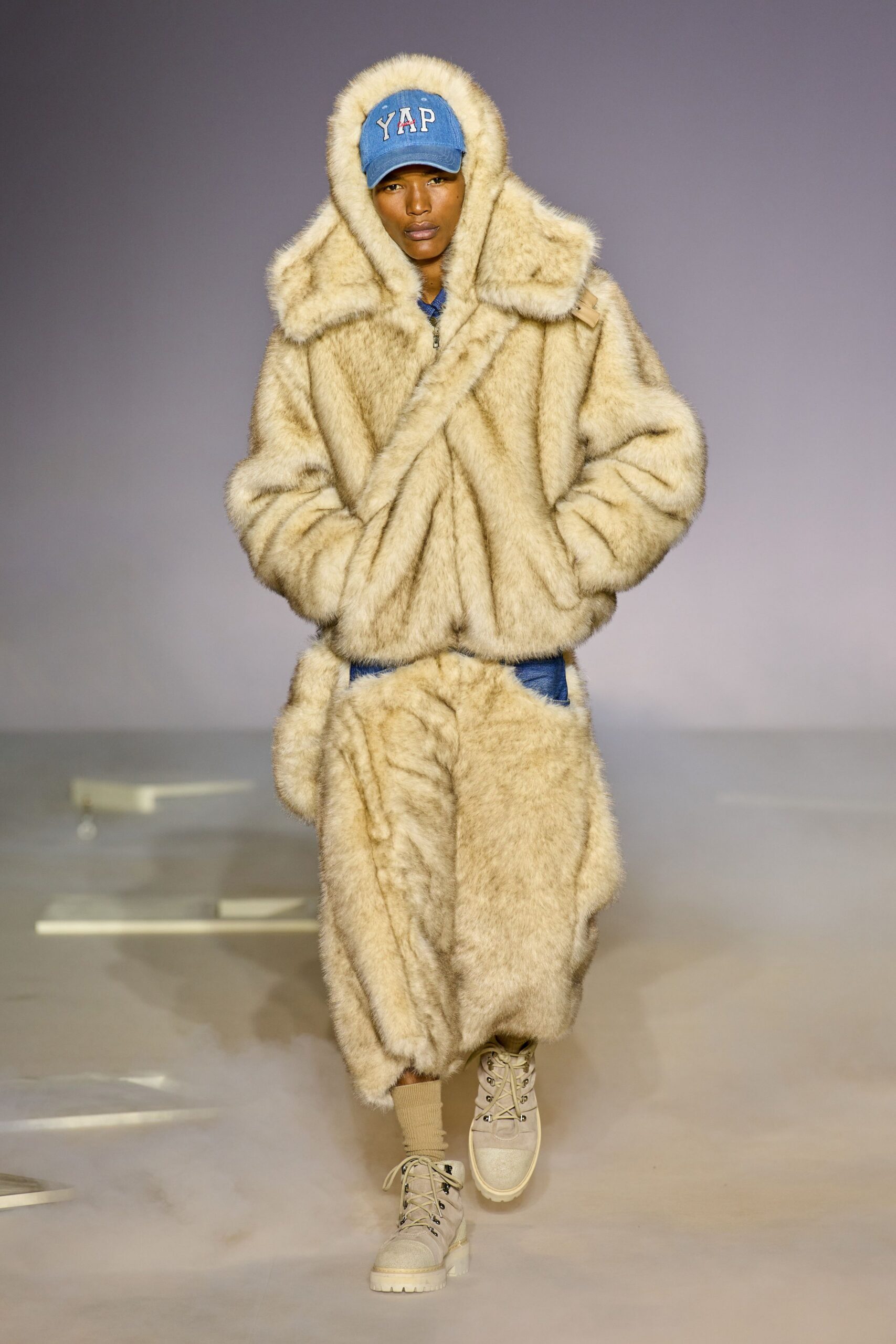 beige faux-fur coat and pants