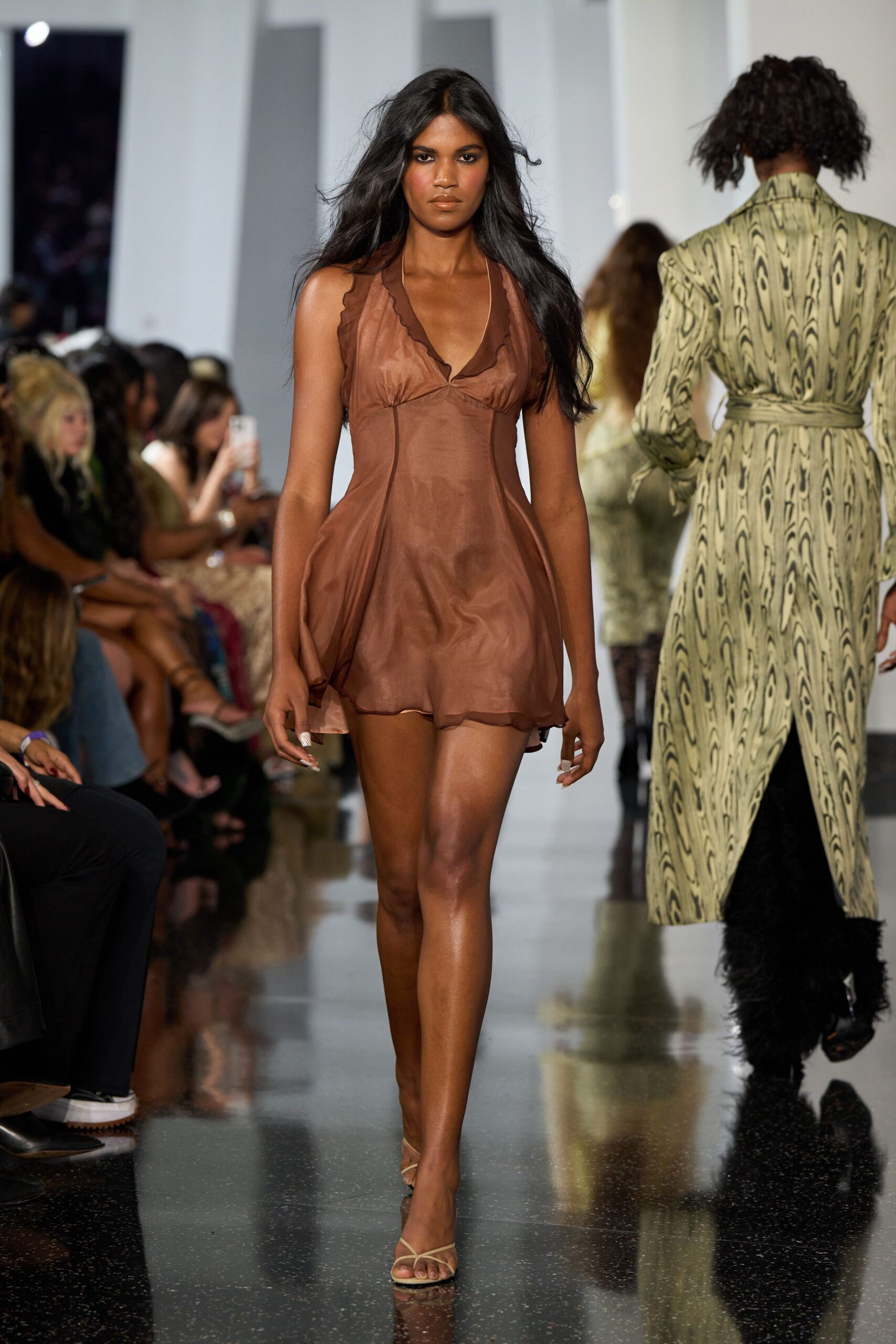 brown silk sleeveless v-neck fitted pleated sheer dress
