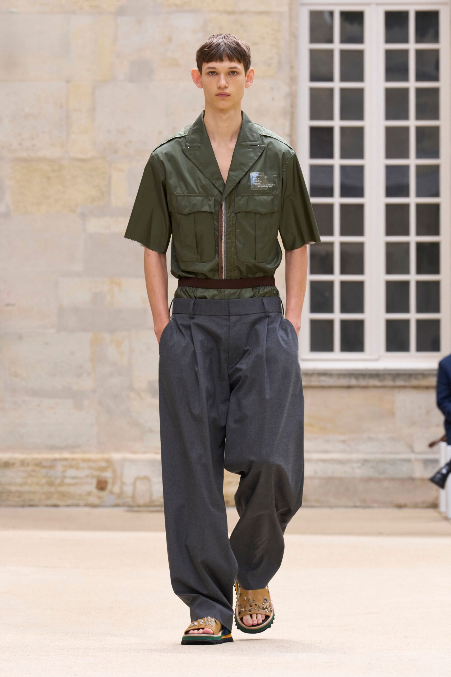 green relaxed shirt gray pants