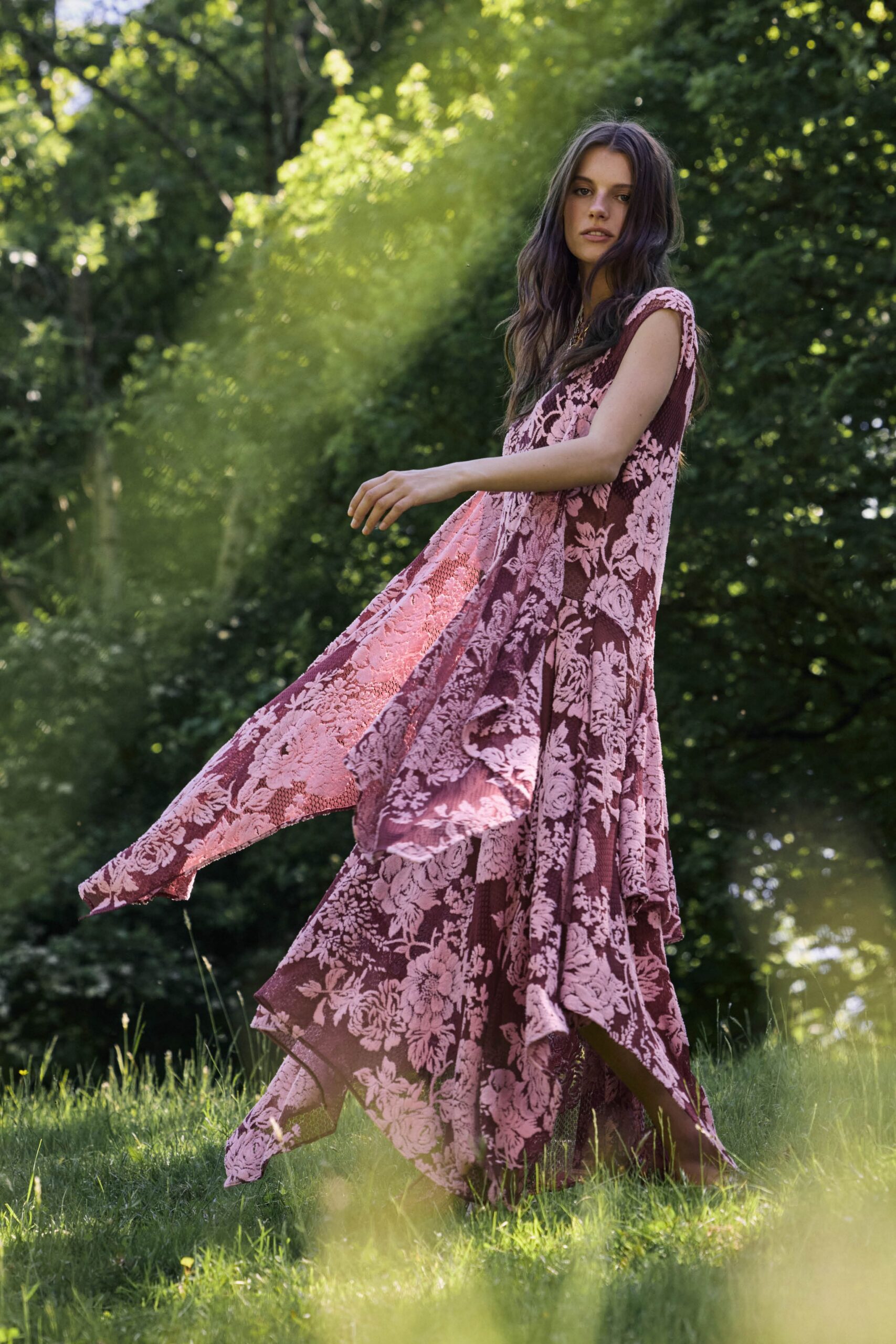 pink floral silk maxi gown