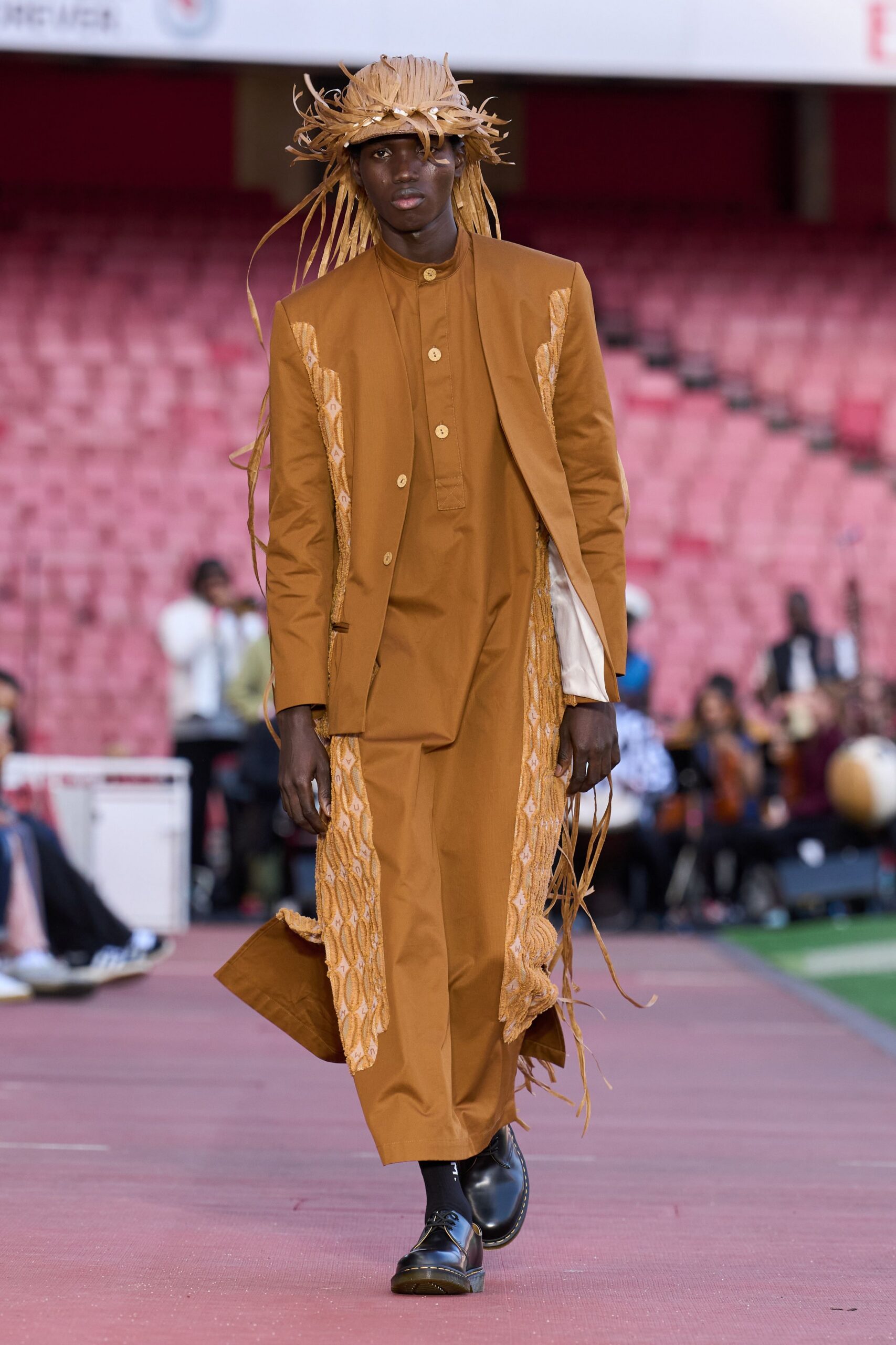 brown relaxed coat with fringed hat