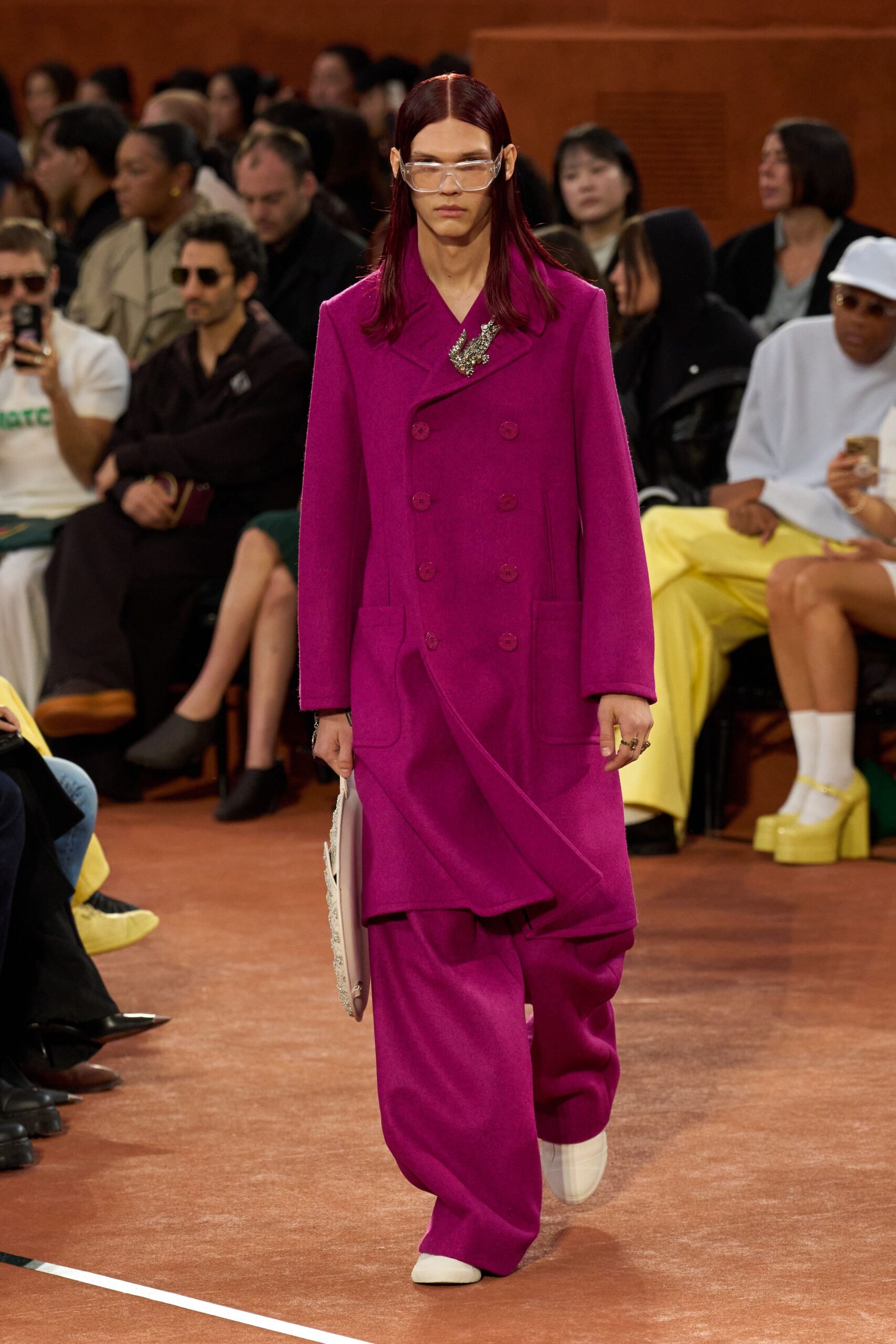 pink wool long-sleeve collared tailored coat