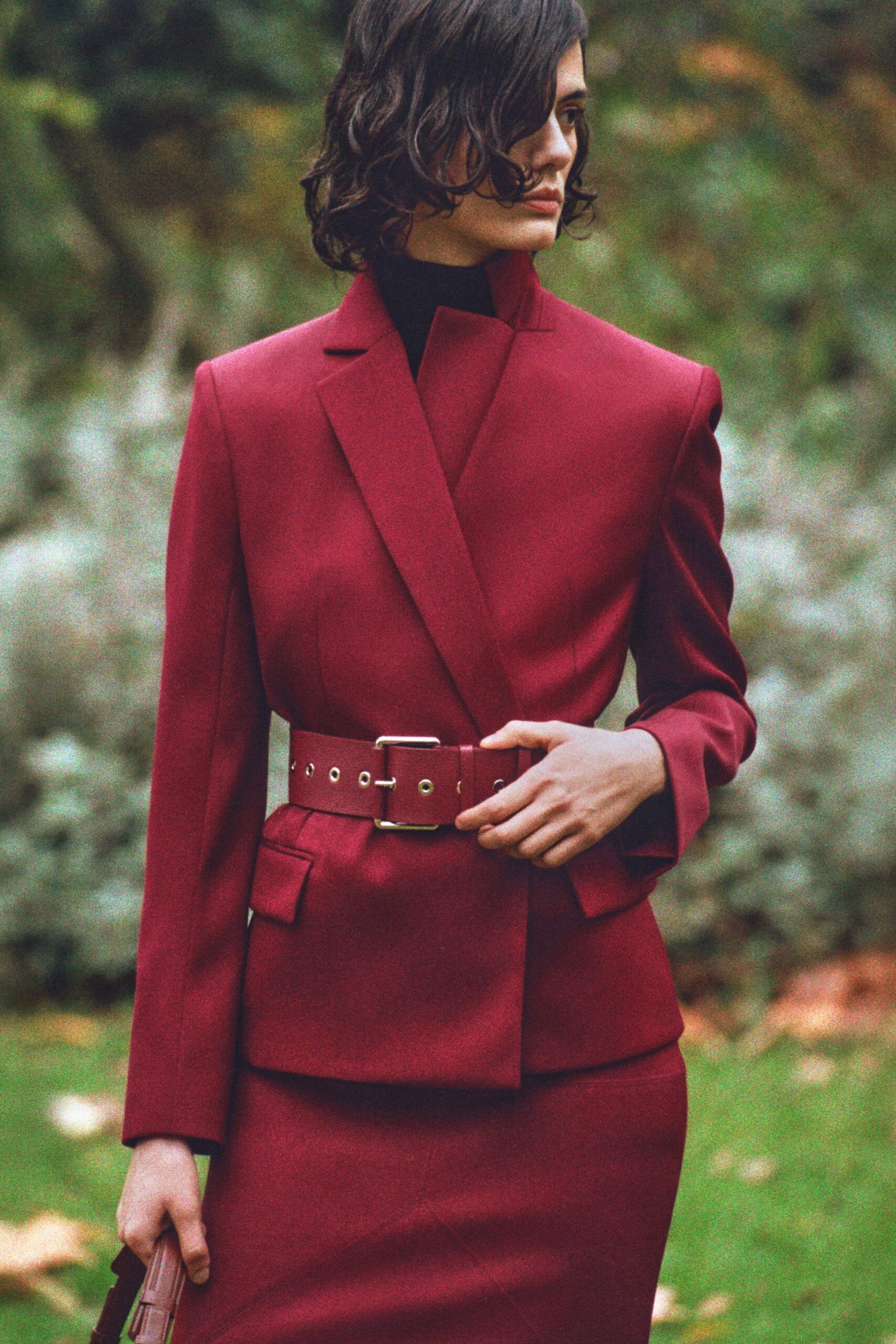 red wool long-sleeve collared tailored buttoned belted blazer