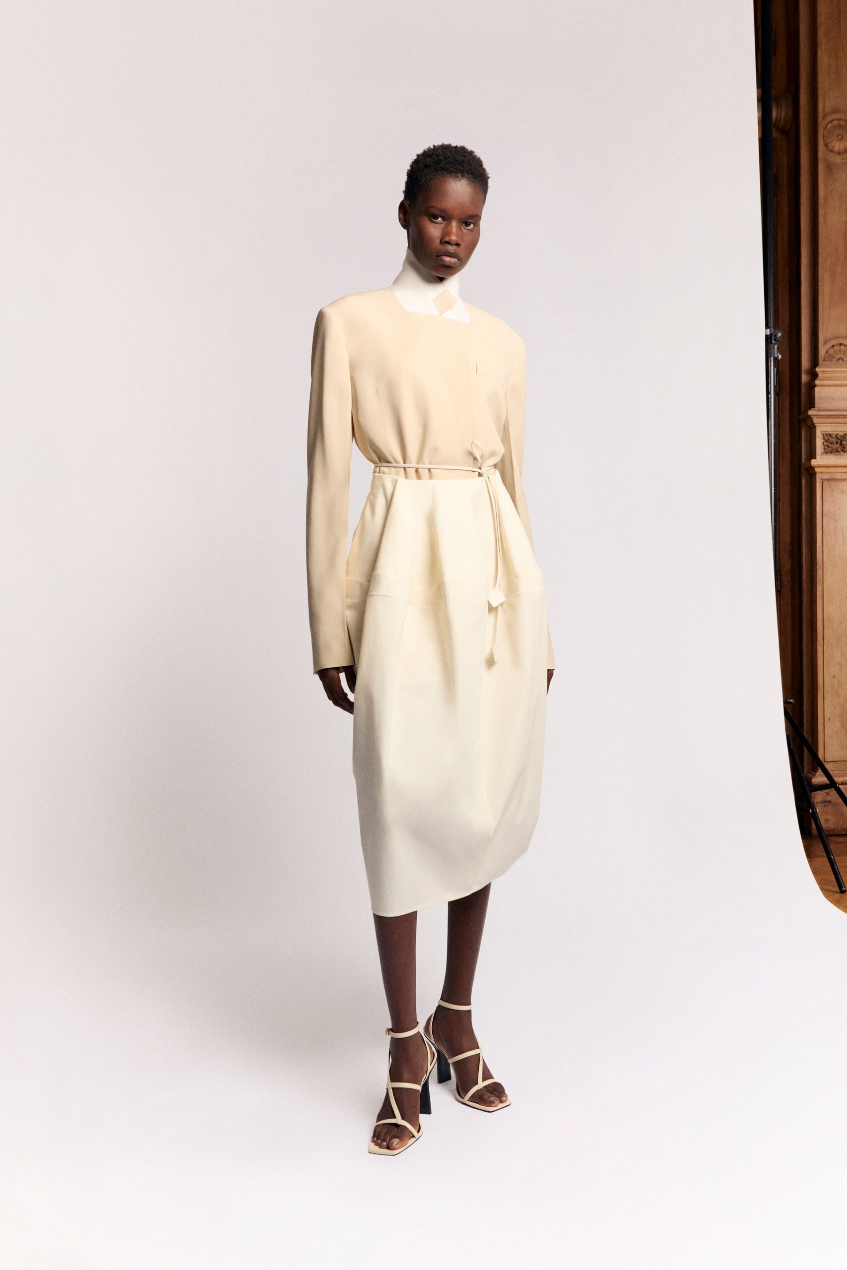 beige silk belted midi dress