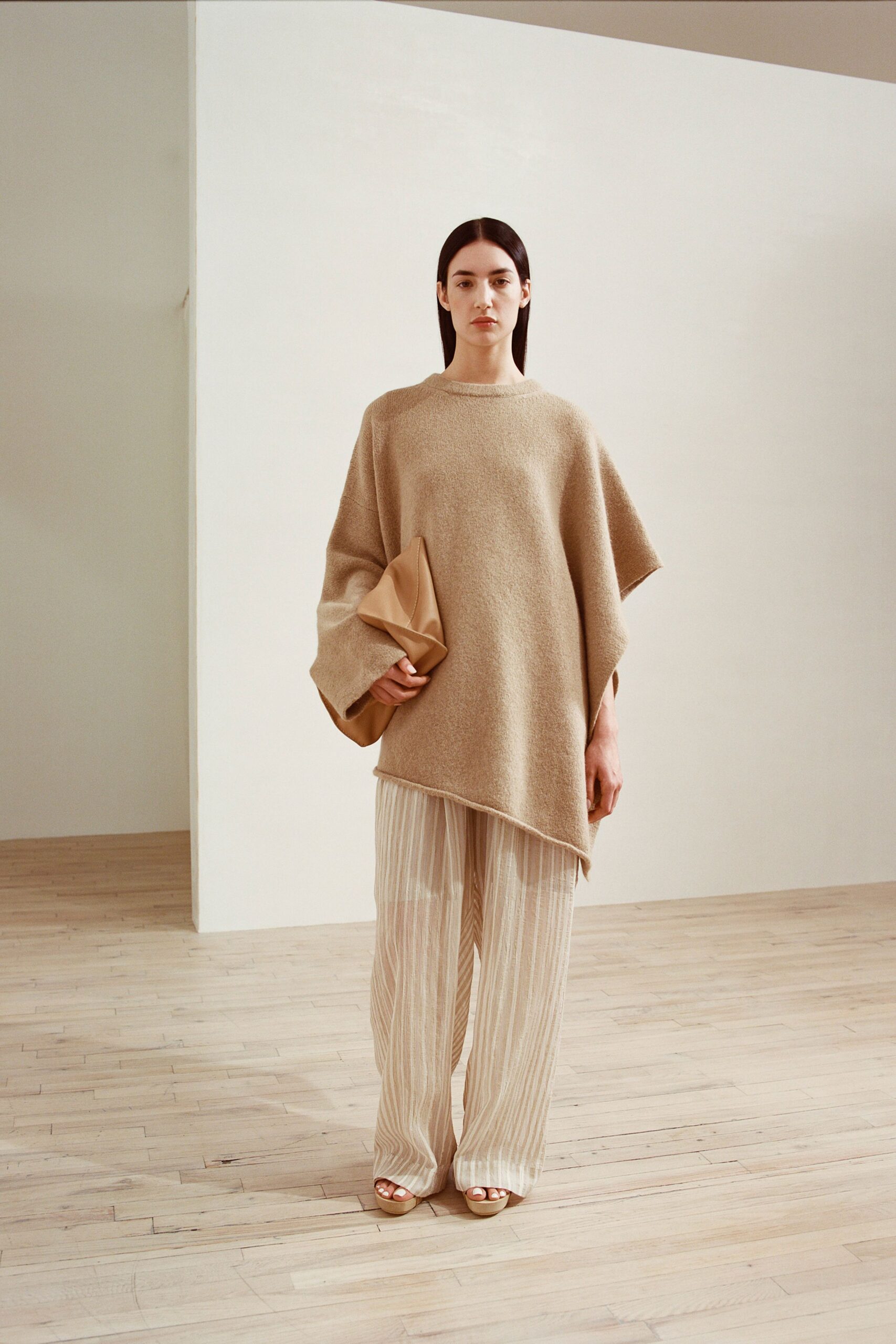 beige wool relaxed top with striped pants