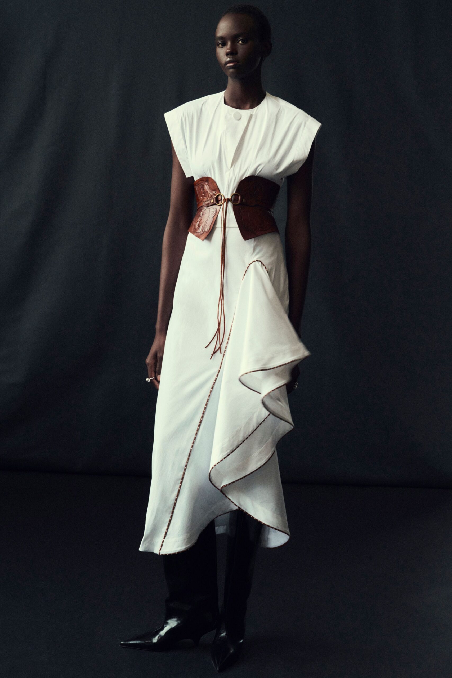 white cotton sleeveless v-neck fitted draped belted dress