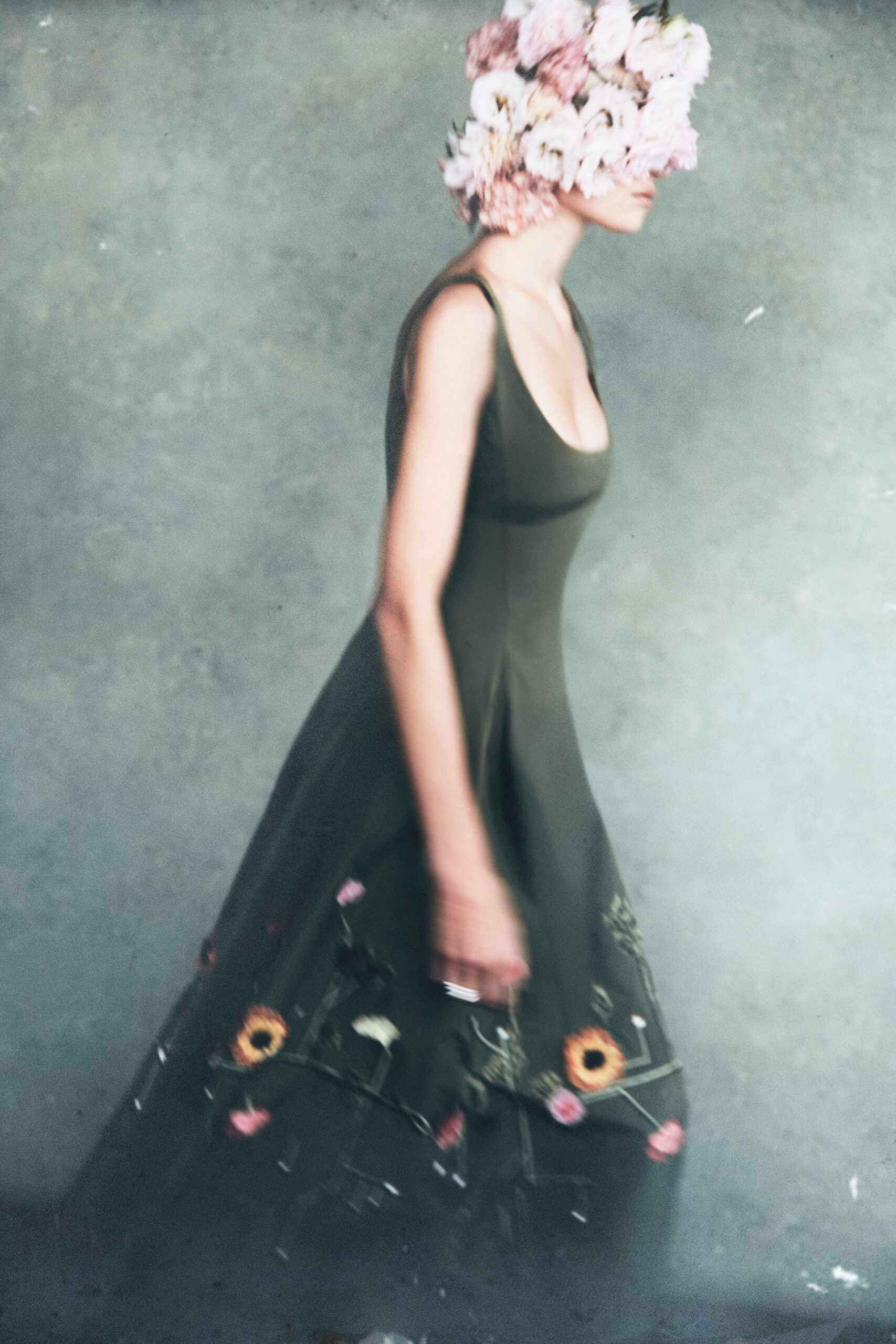 fitted green silk embroidered dress