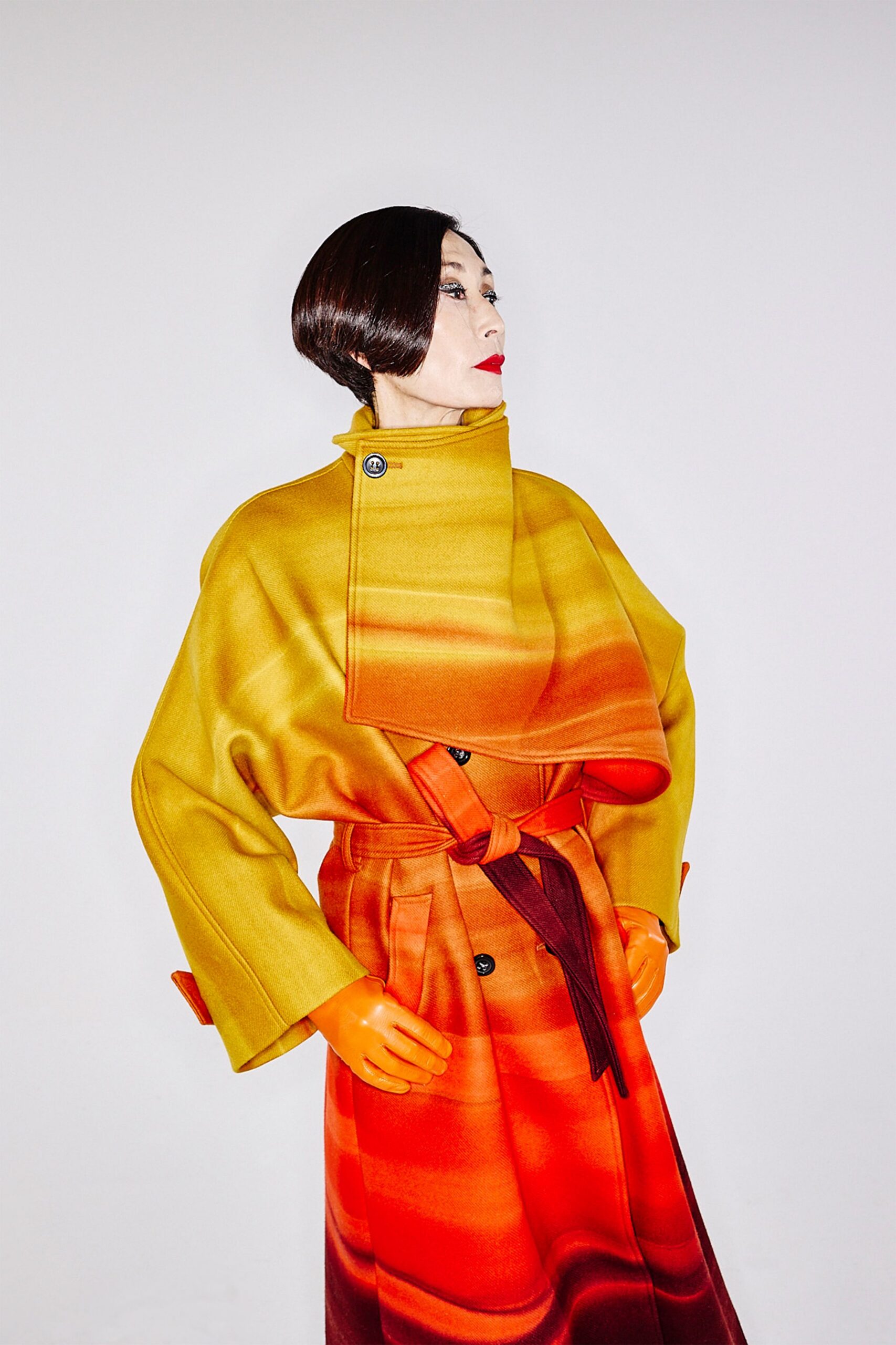 red wool long-sleeve fitted color-blocked dress