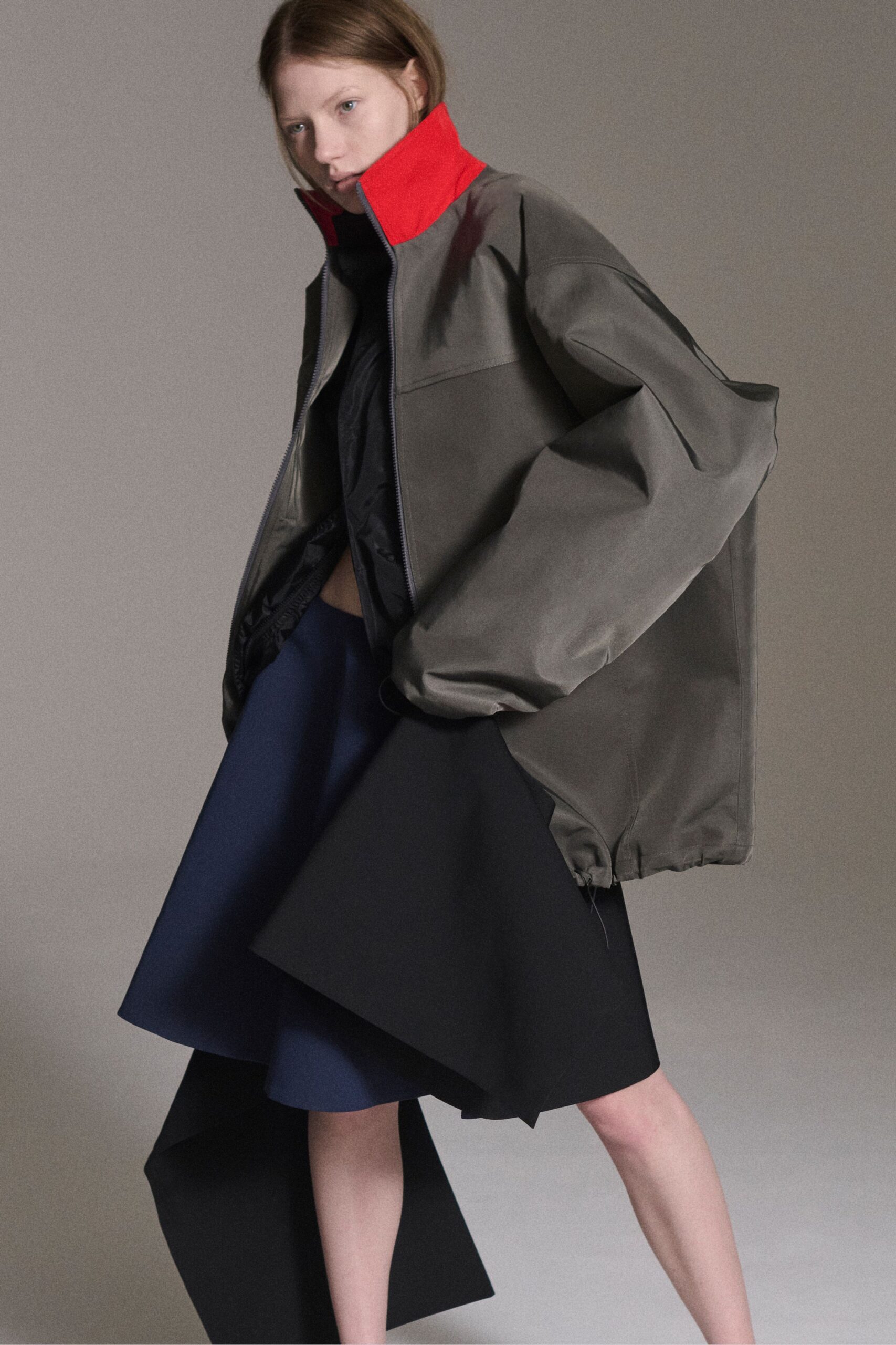 black cotton asymmetric fitted flared skirt