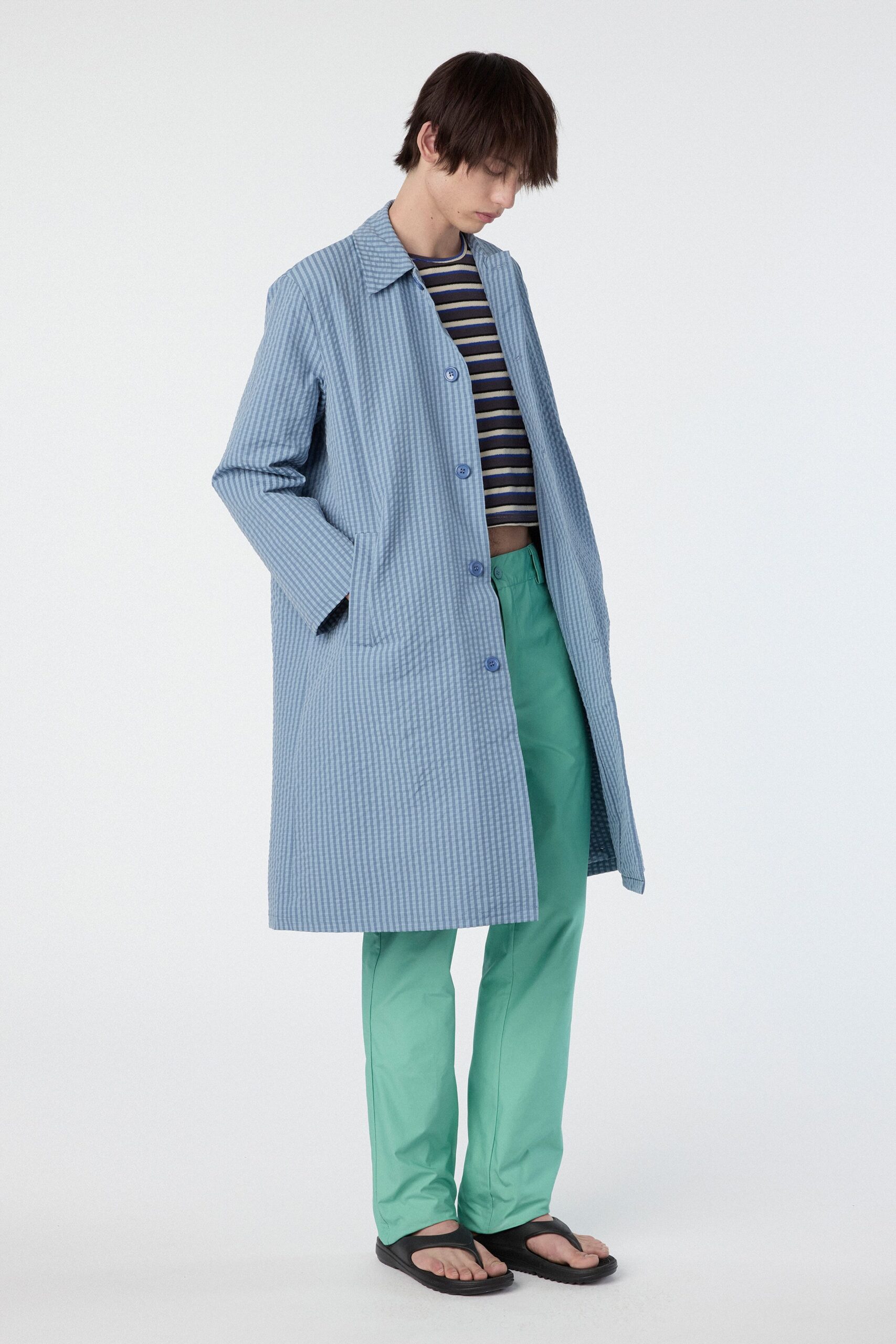 blue coat with striped top