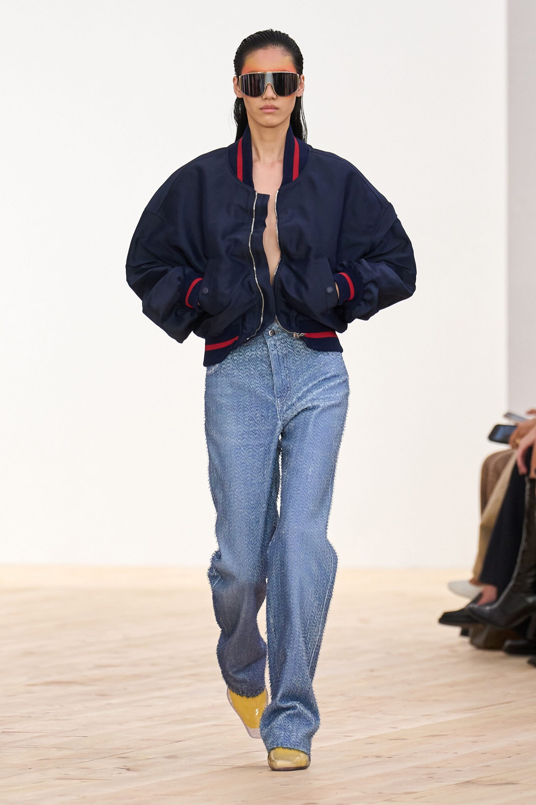 blue cotton long-sleeve collared oversized zippered jacket