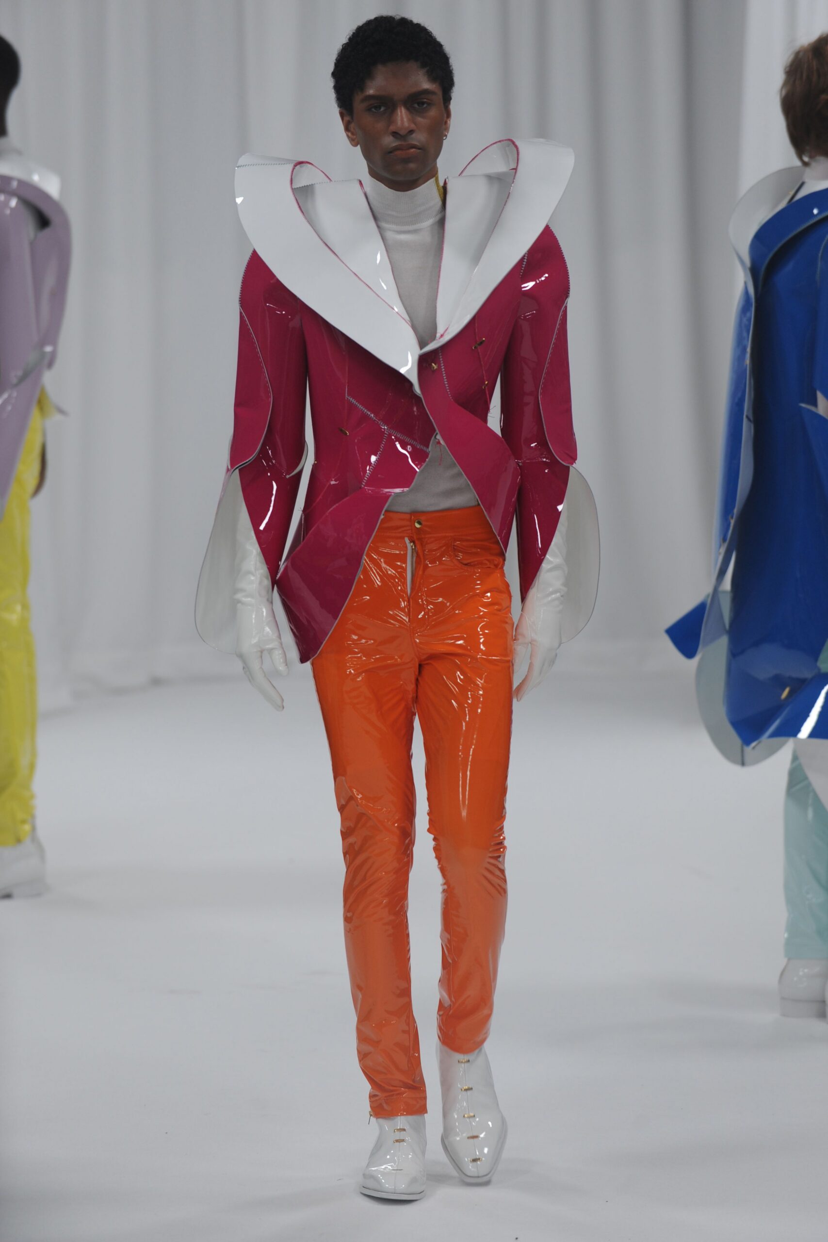 pink vinyl long-sleeve collared structured zippered shiny jacket