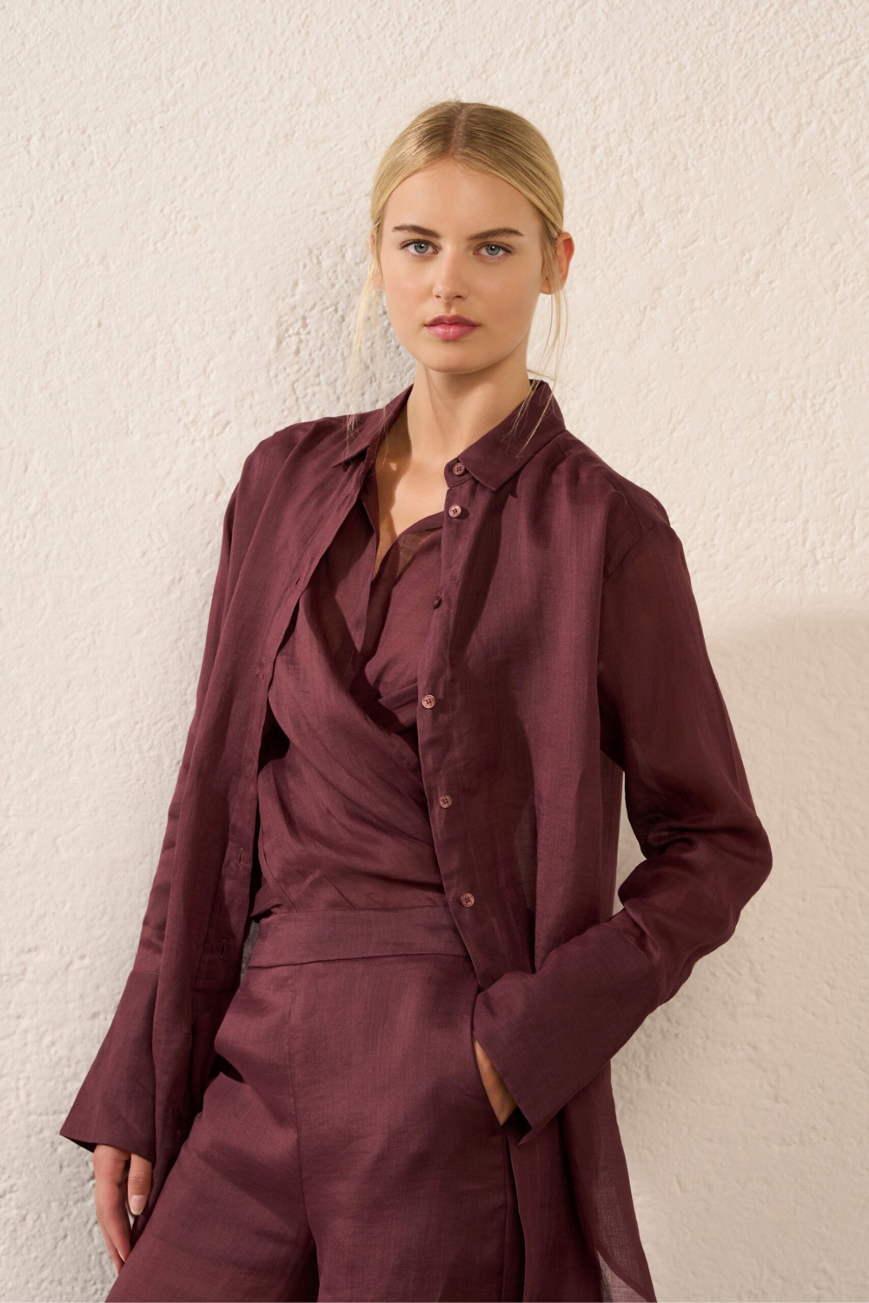 maroon cotton long-sleeve collared fitted layered shirt