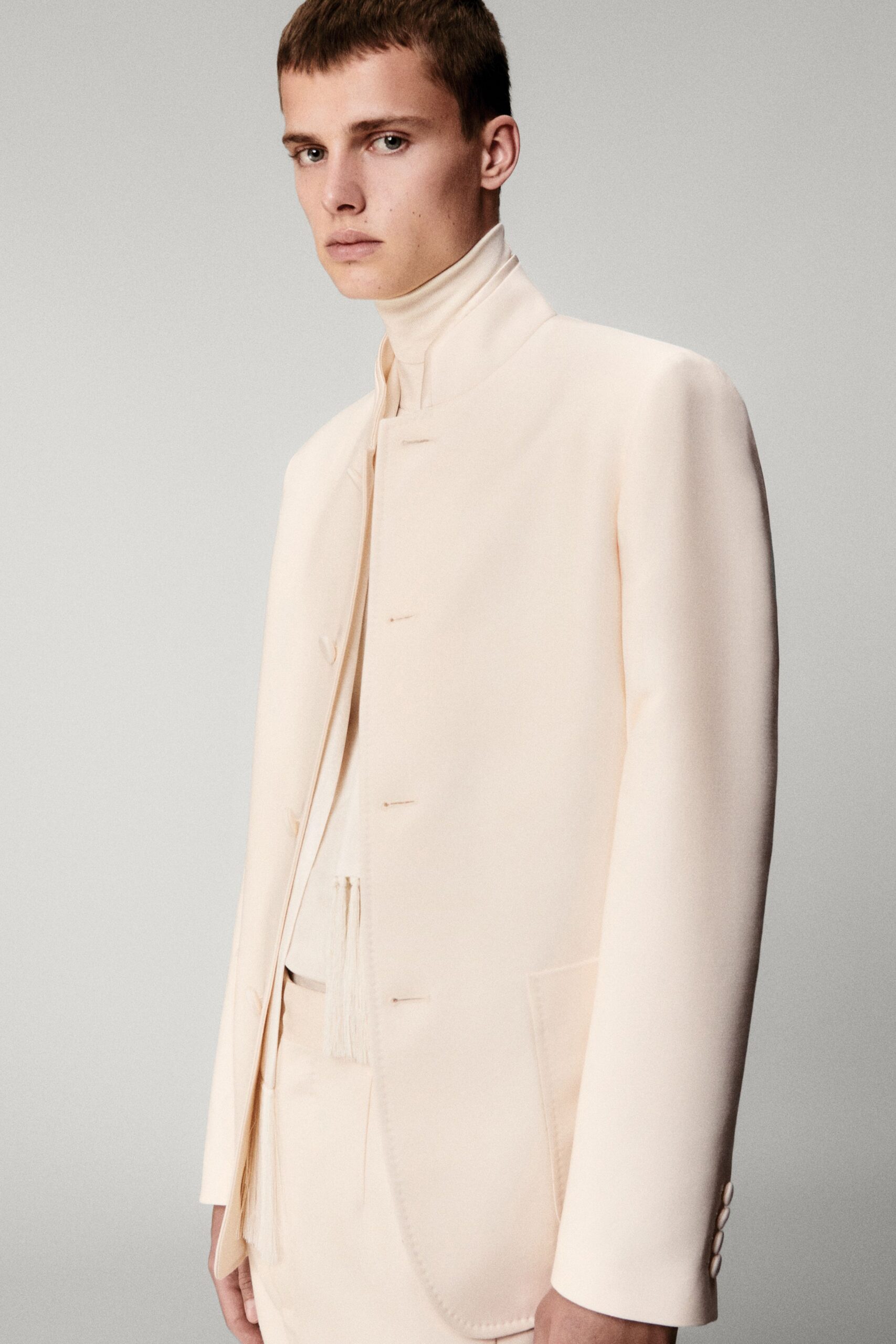 beige wool tailored straight-leg pants