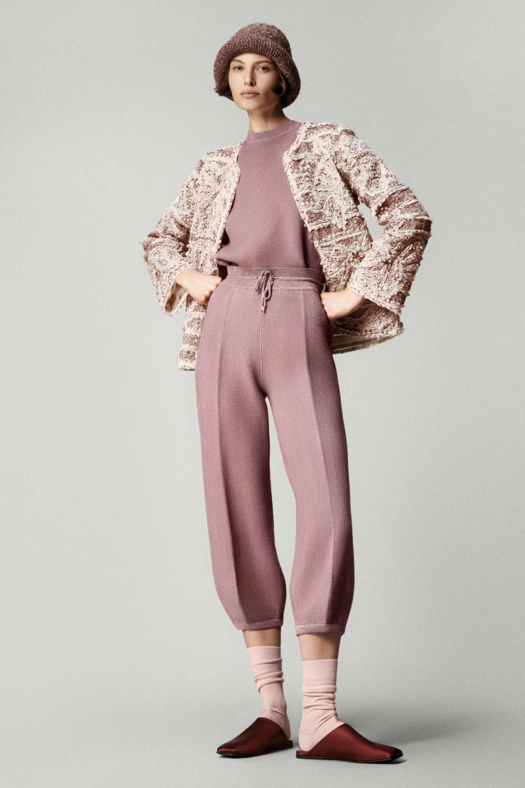 pink cotton long-sleeve collared relaxed textured jacket