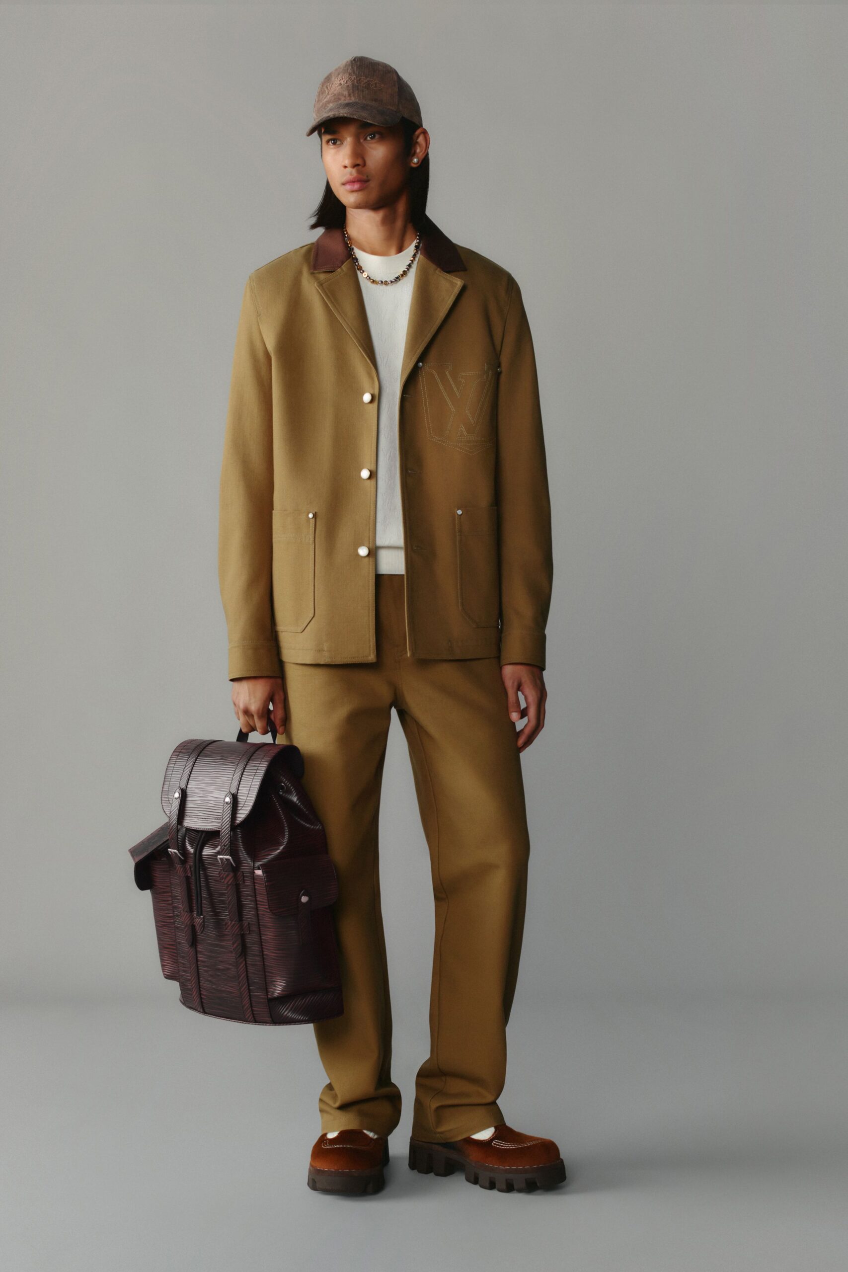 brown cotton long-sleeve collared structured buttoned jacket