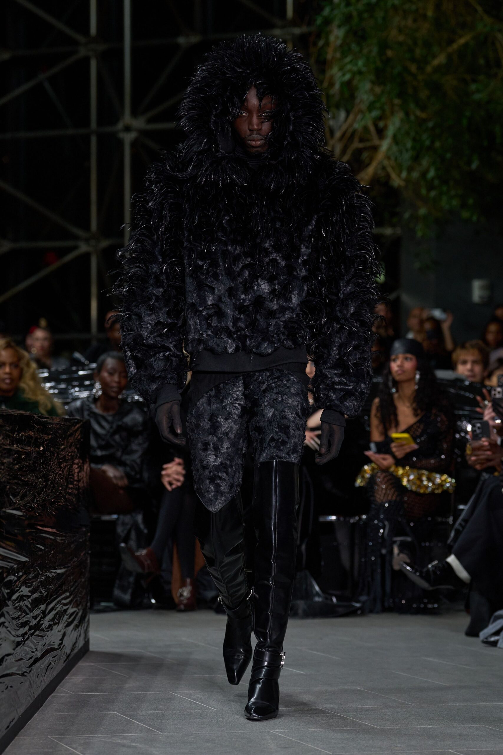 black fur coat with shorts