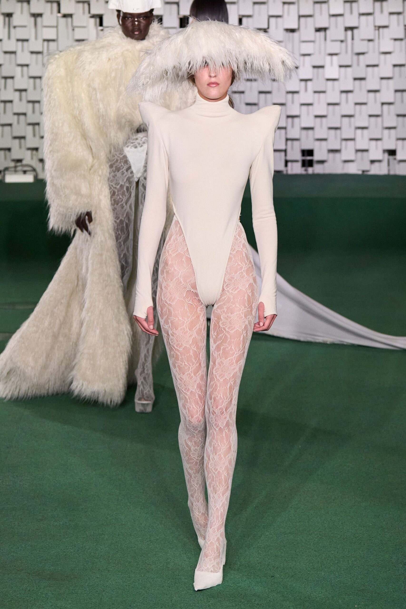 white cotton long-sleeve high-neck fitted textured bodysuit