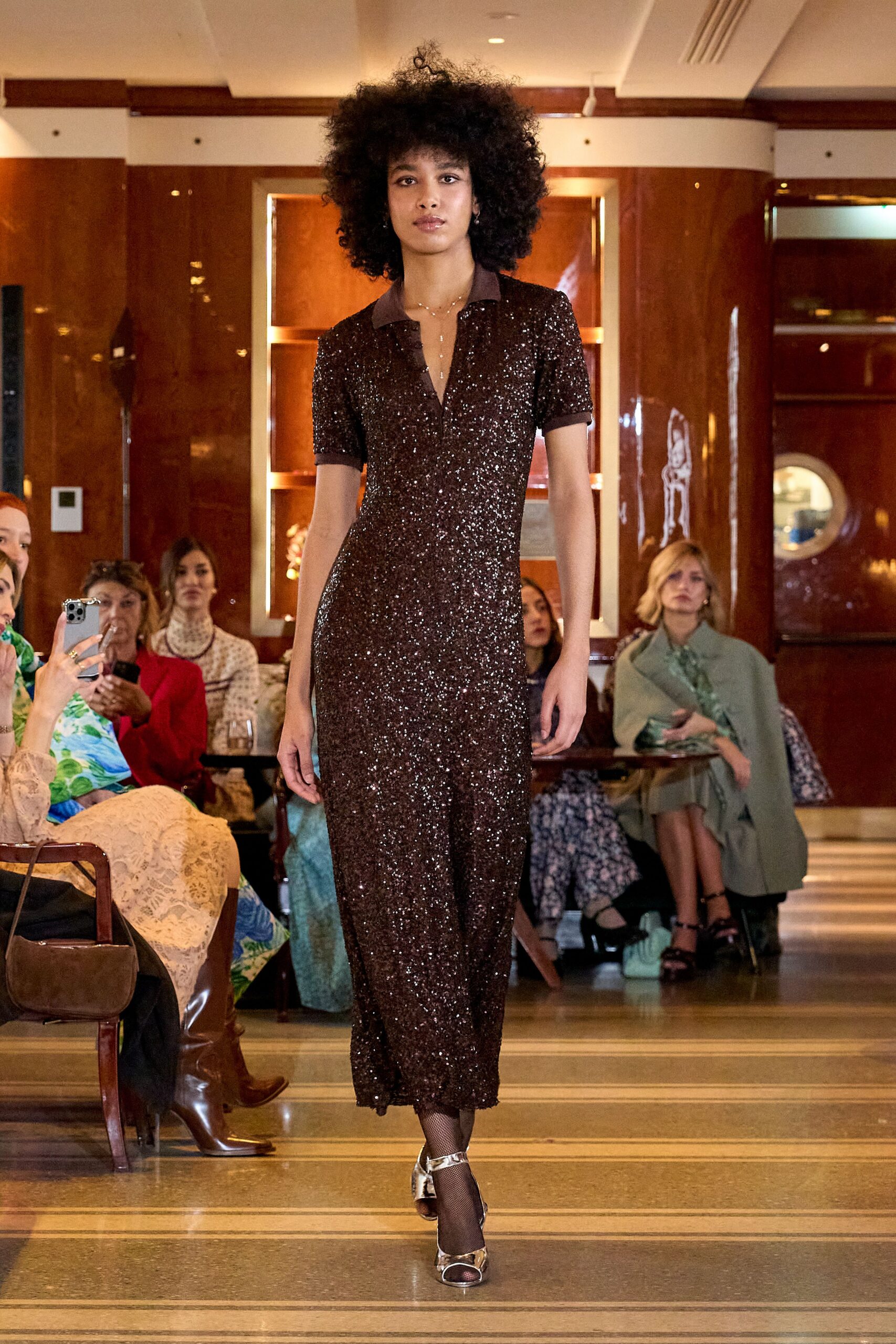 brown silk short-sleeve v-neck fitted sequined straight-leg dress