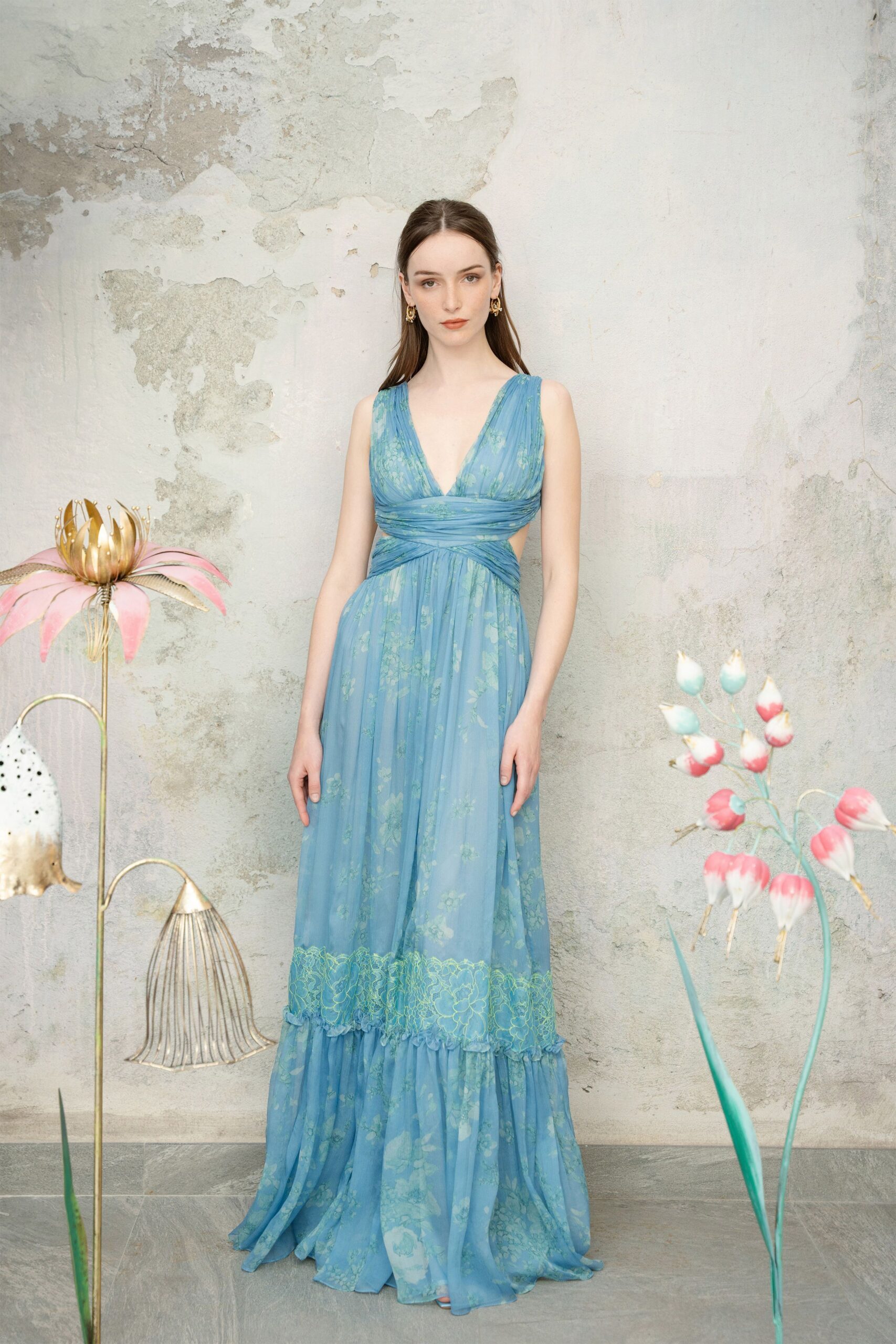 blue floral sleeveless gown