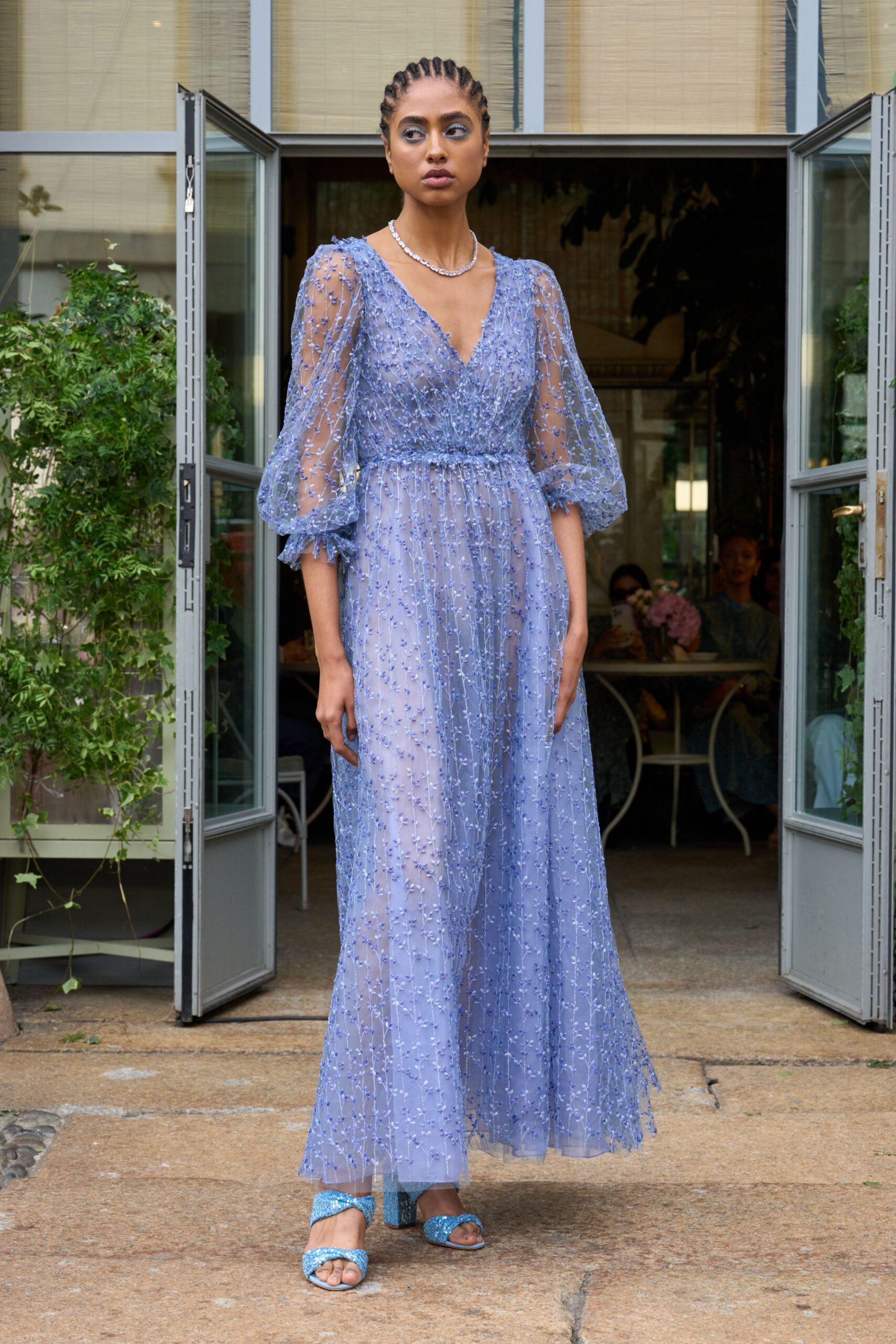 blue embroidered sheer gown