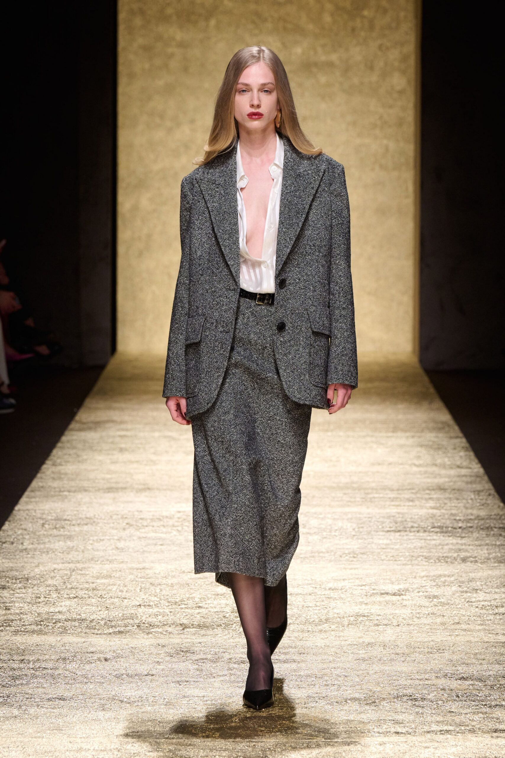 gray tailored blazer and skirt