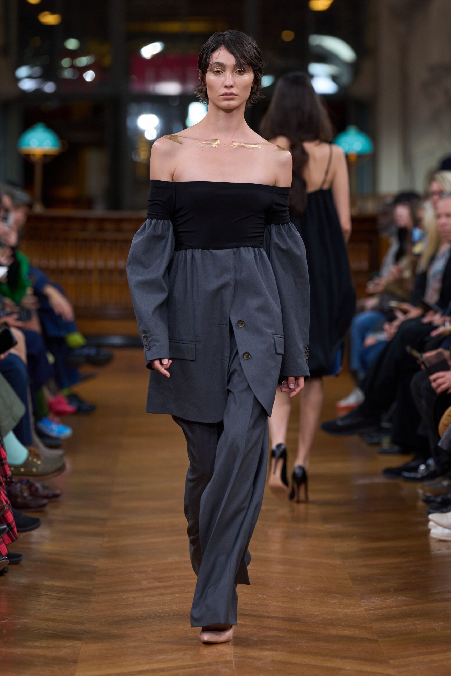 black cotton off-shoulder long-sleeve fitted buttoned midi dress