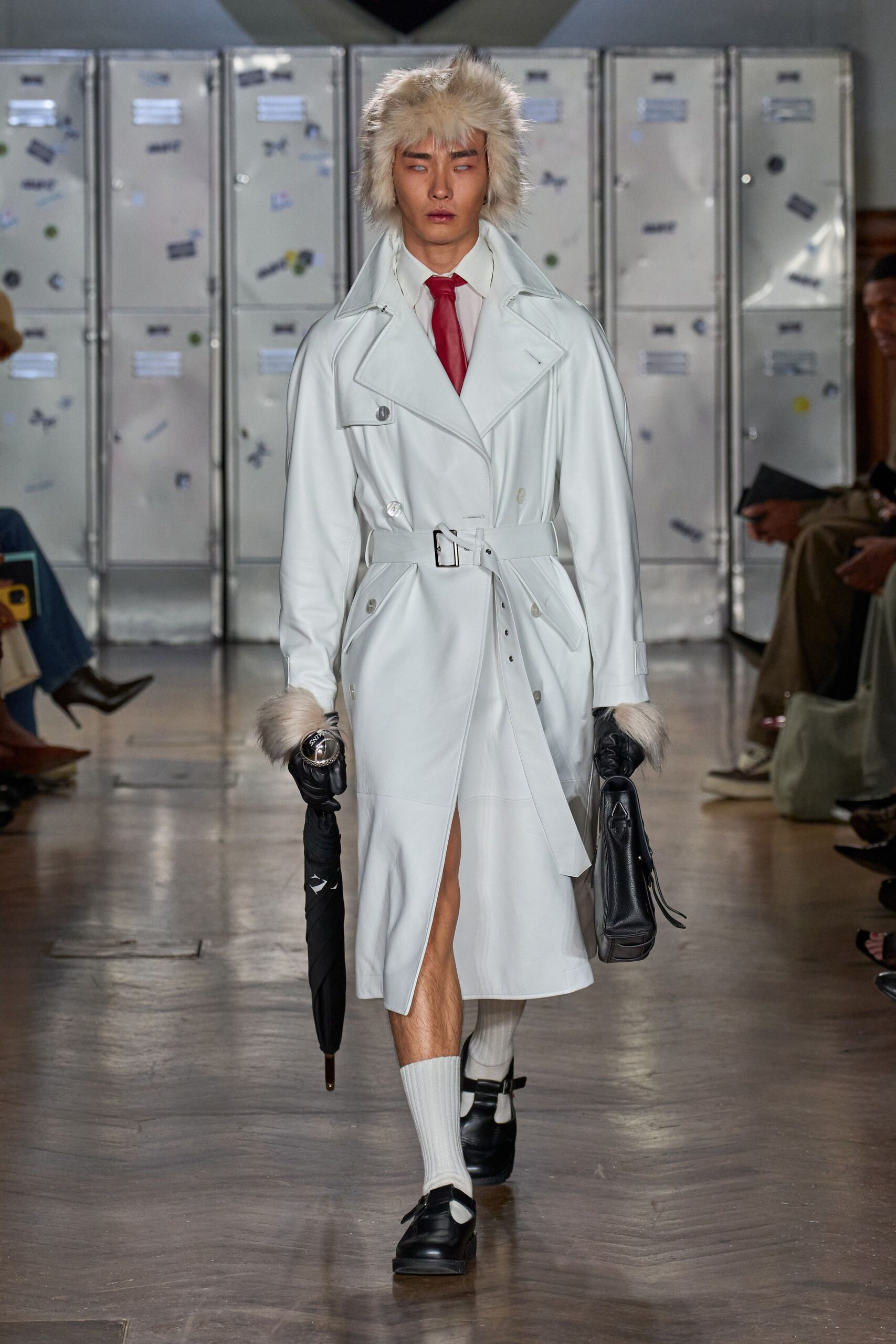 white faux-fur long-sleeve collared fitted belted zippered trench
