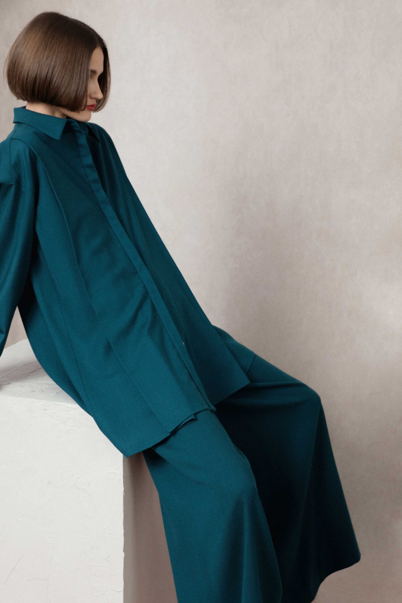 teal cotton long-sleeve collared oversized shirt