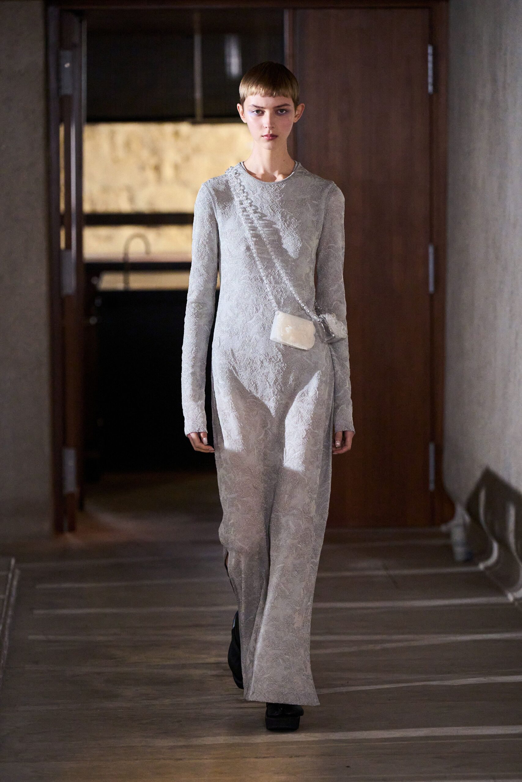 gray lace fitted gown with bag
