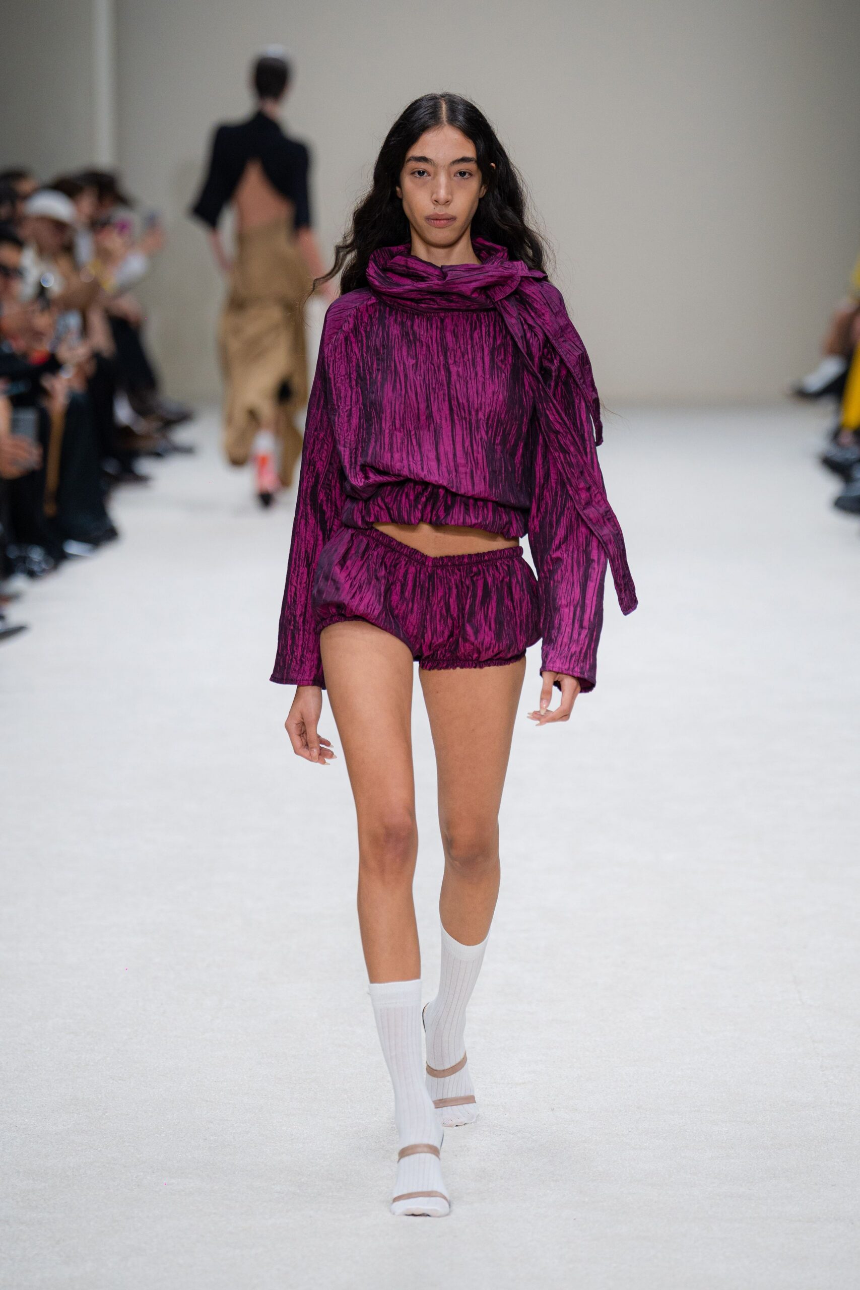 purple silk long-sleeve collared fitted pleated shiny top