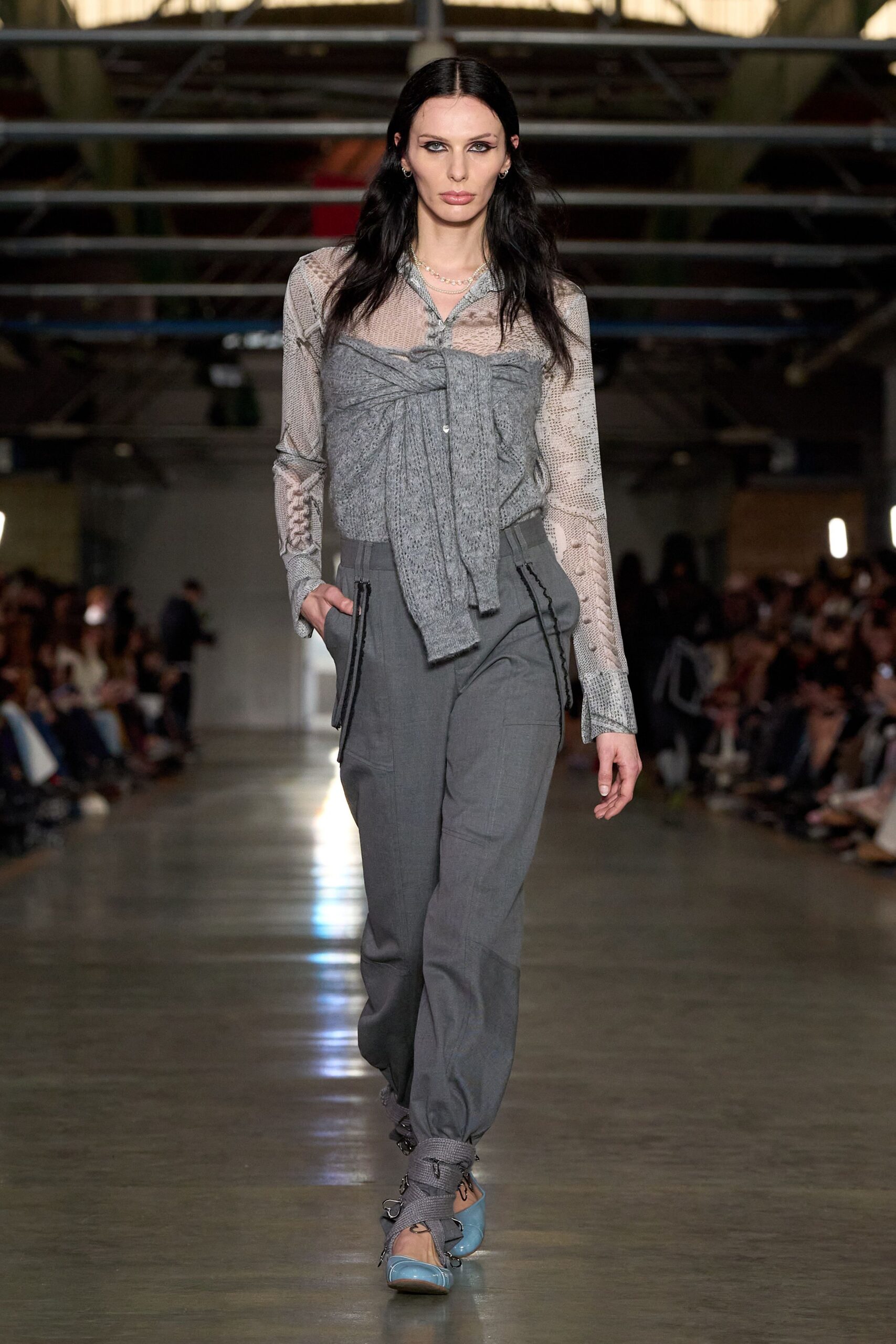 gray silk long-sleeve v-neck fitted ruffled blouse