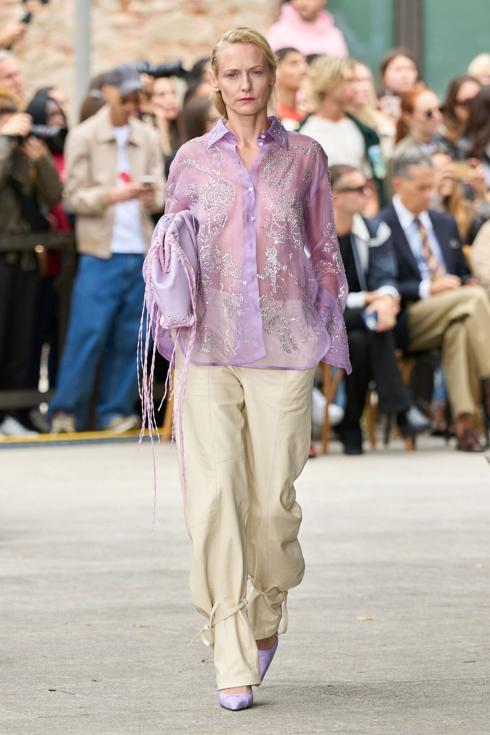 purple silk long-sleeve collared relaxed embroidered sheer blouse