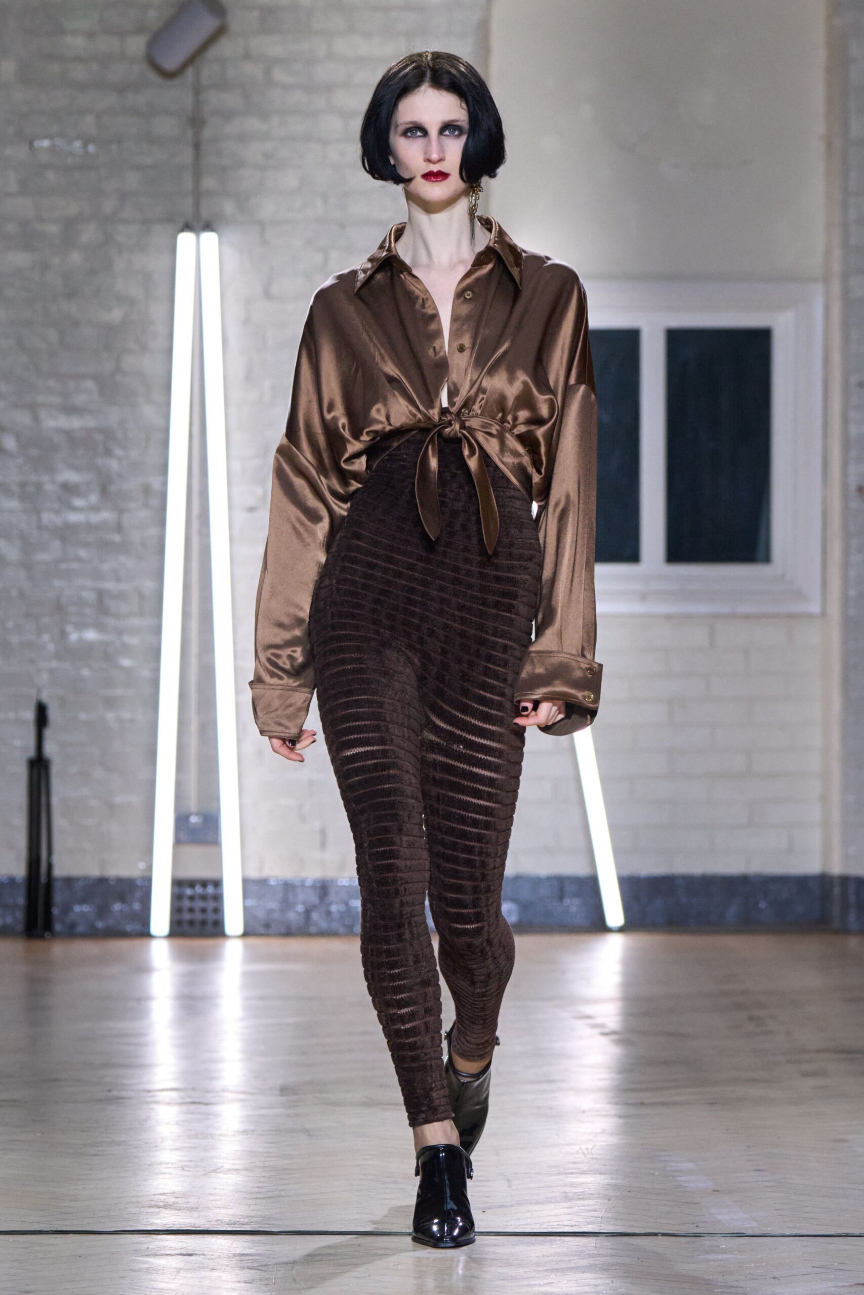 brown silk long-sleeve collared fitted buttoned shirt