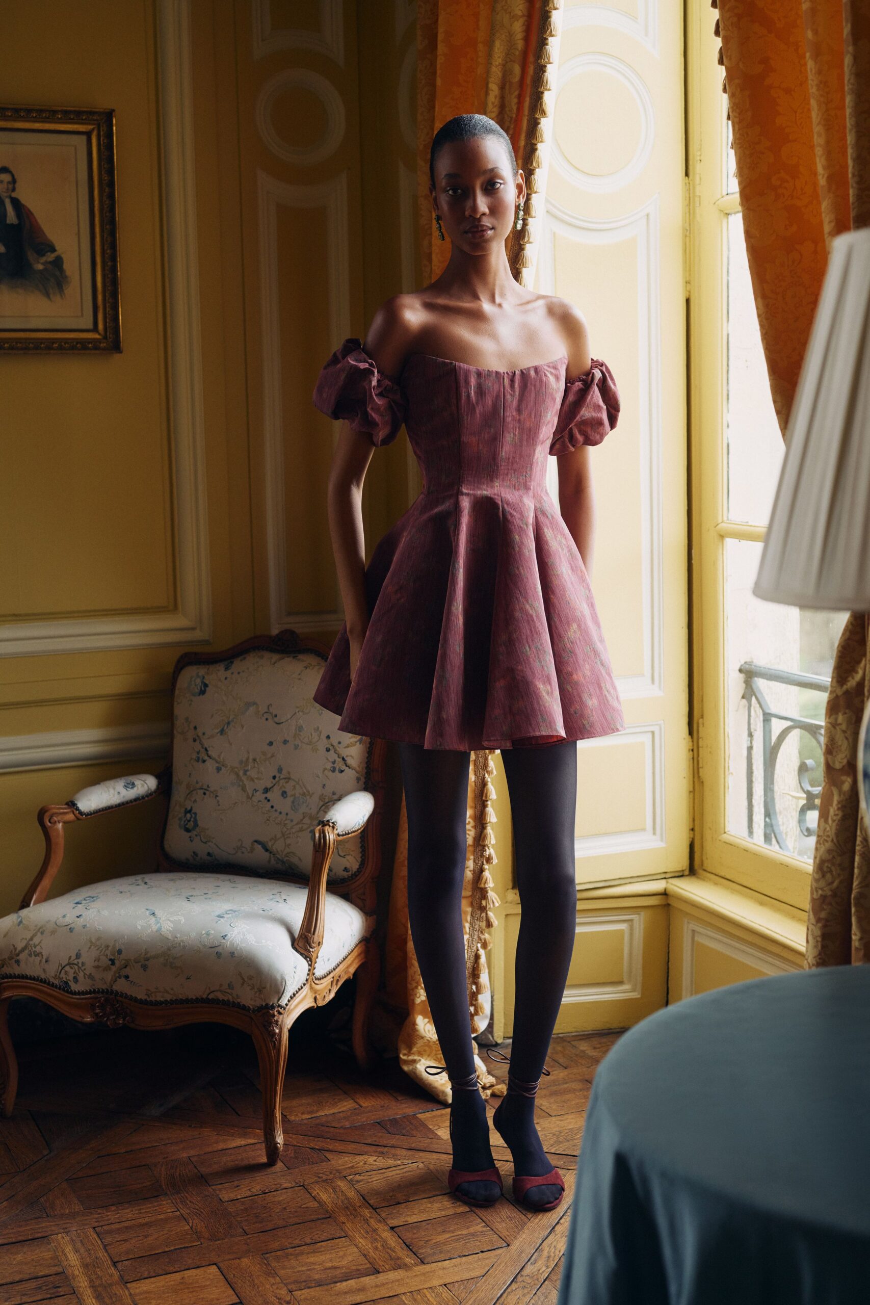 purple silk sleeveless off-shoulder fitted pleated a-line mini-dress