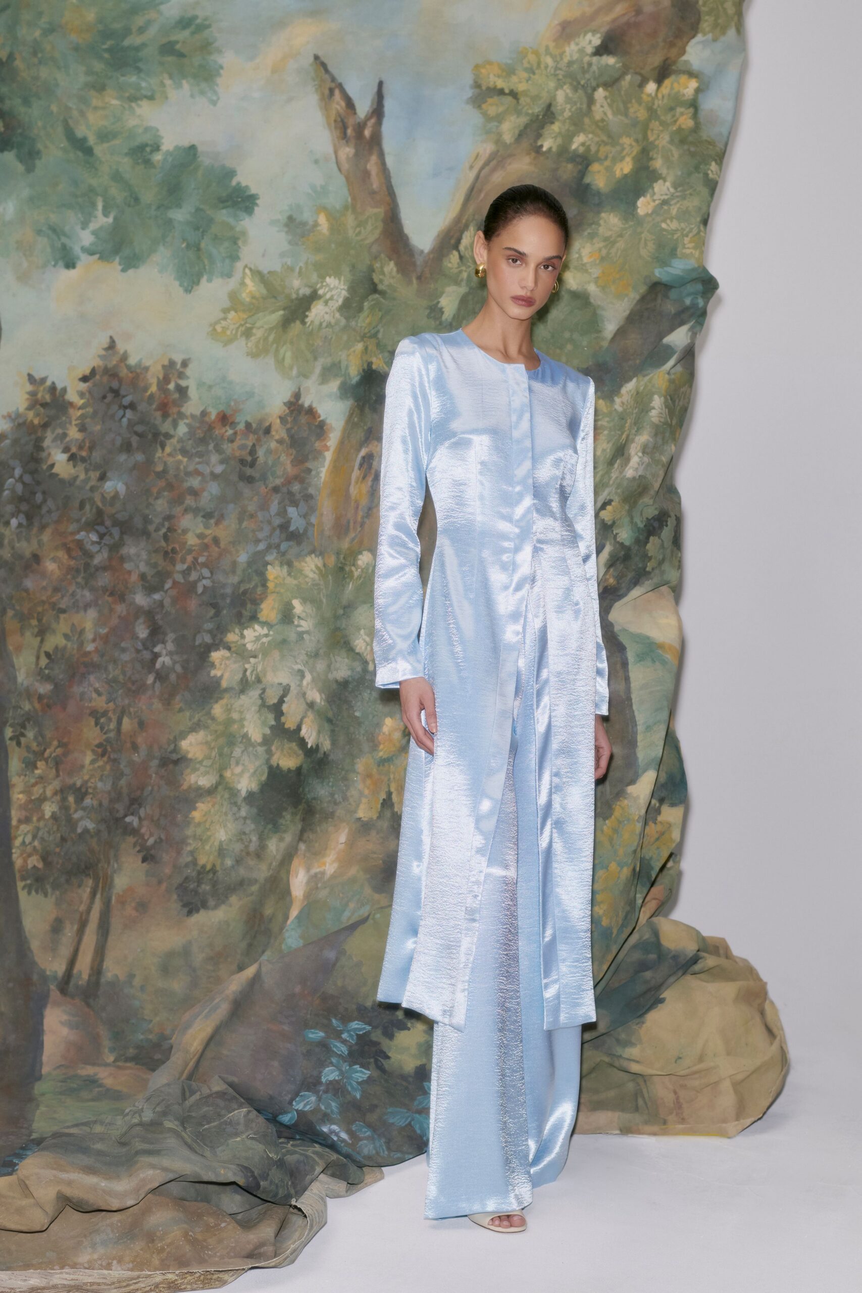 blue satin long-sleeve dress