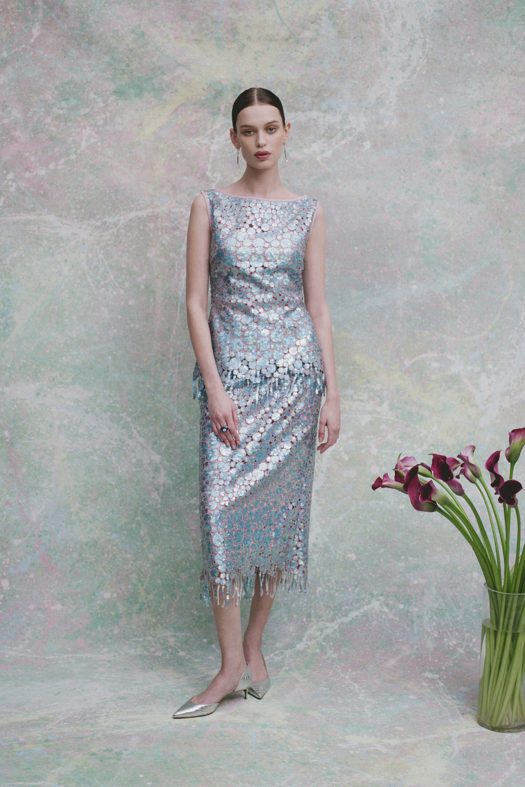 blue sequin sleeveless square-neck fitted fringed shiny dress