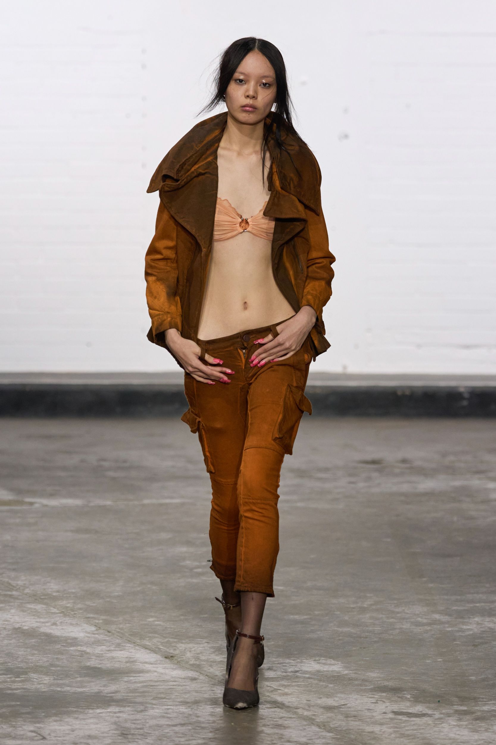 brown cotton long-sleeve collared fitted layered jacket