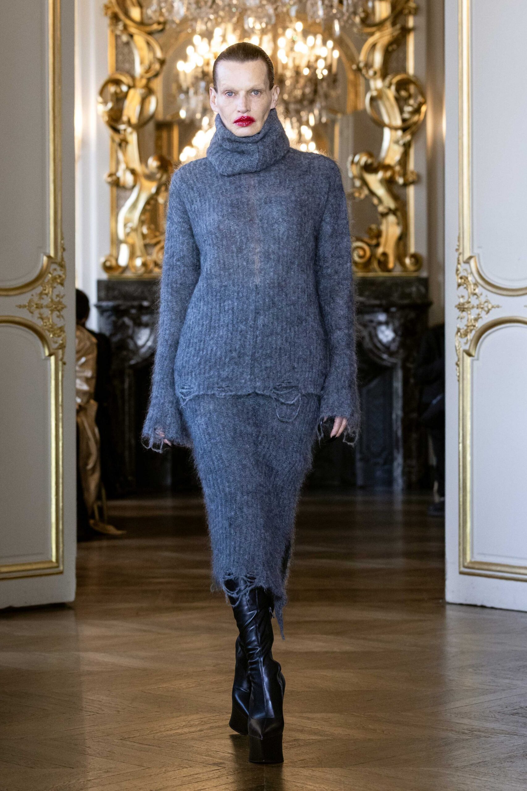 gray wool long-sleeve turtleneck fitted distressed midi sweater