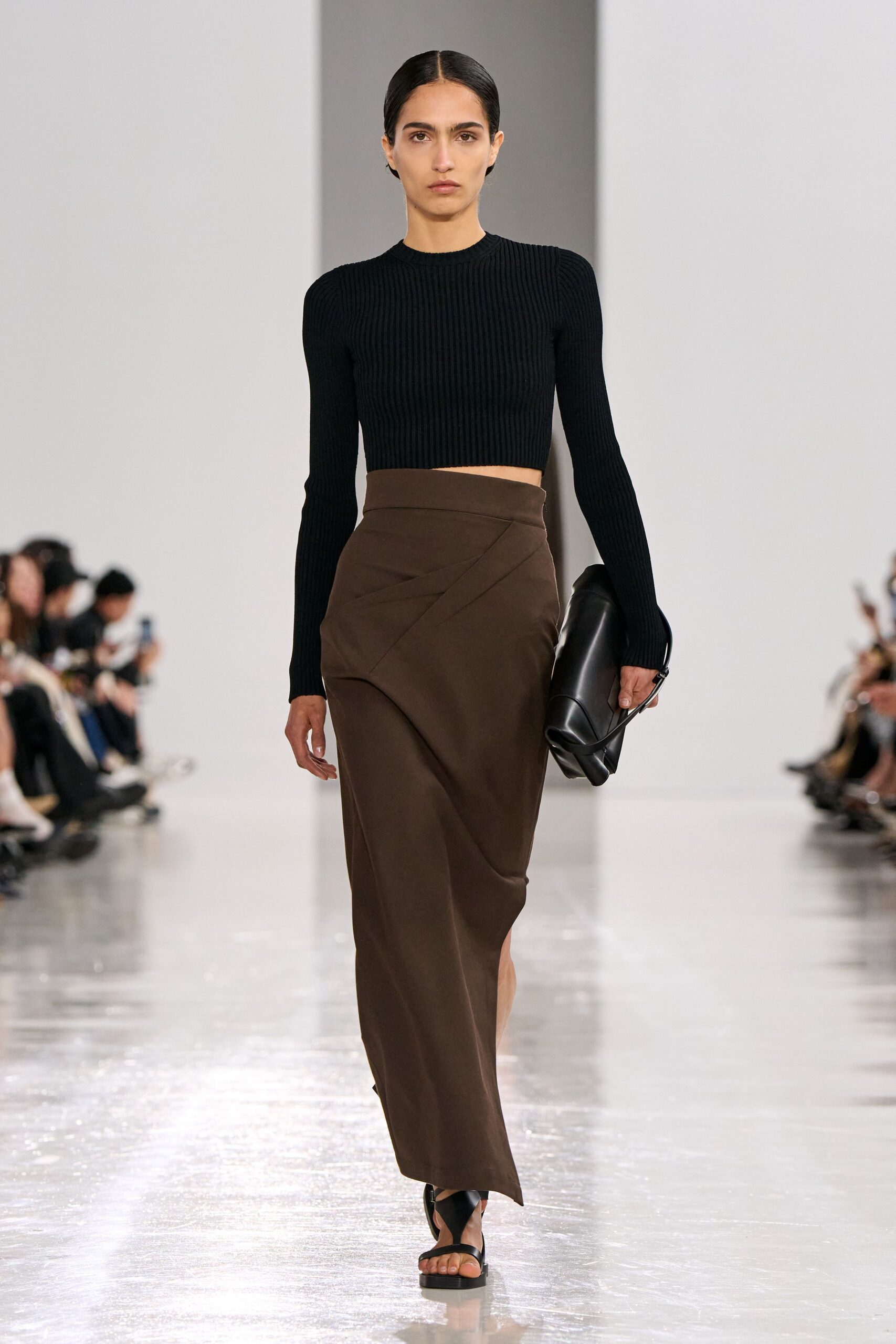brown cotton asymmetric fitted high-waisted midi skirt