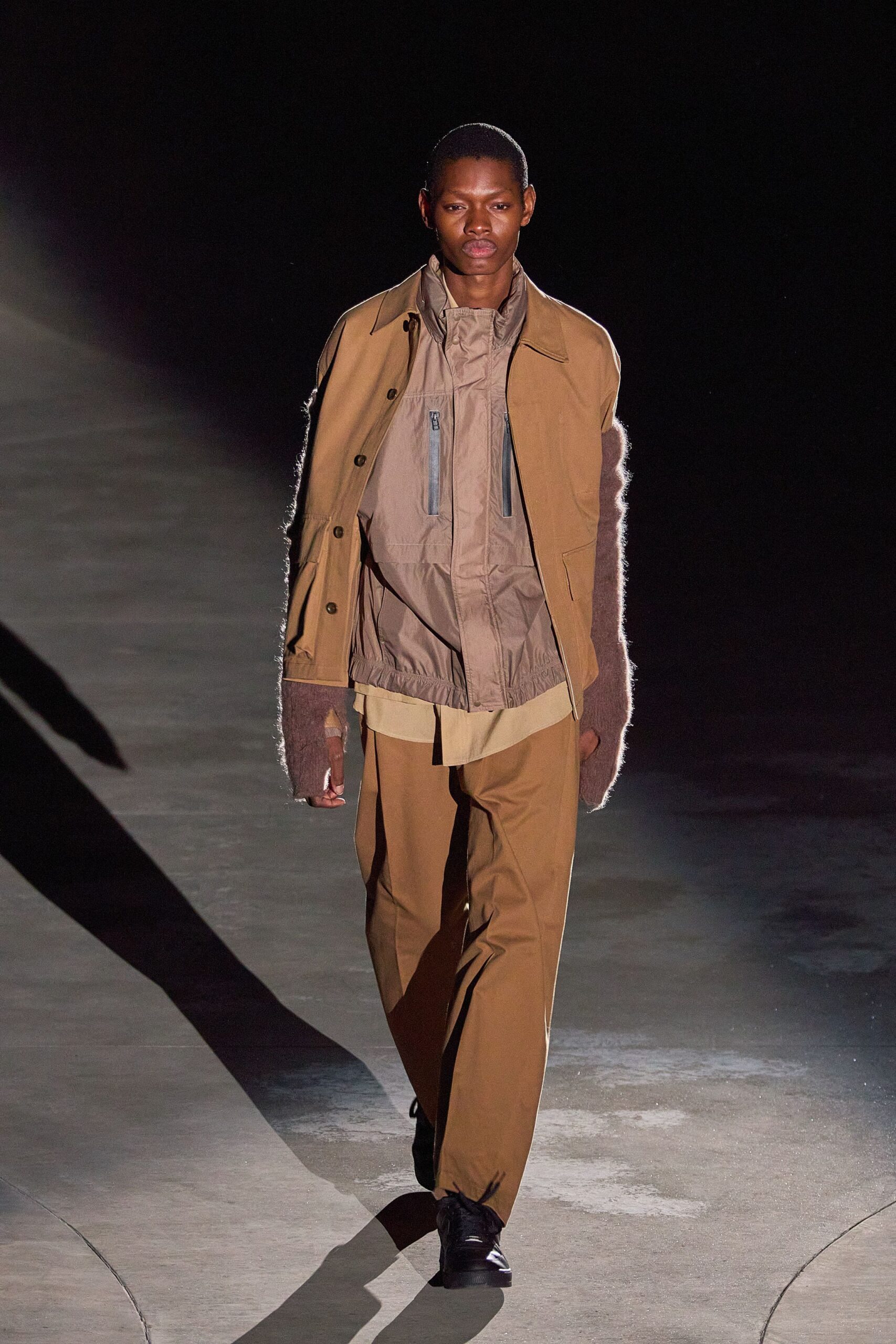 brown relaxed jacket with beige shirt