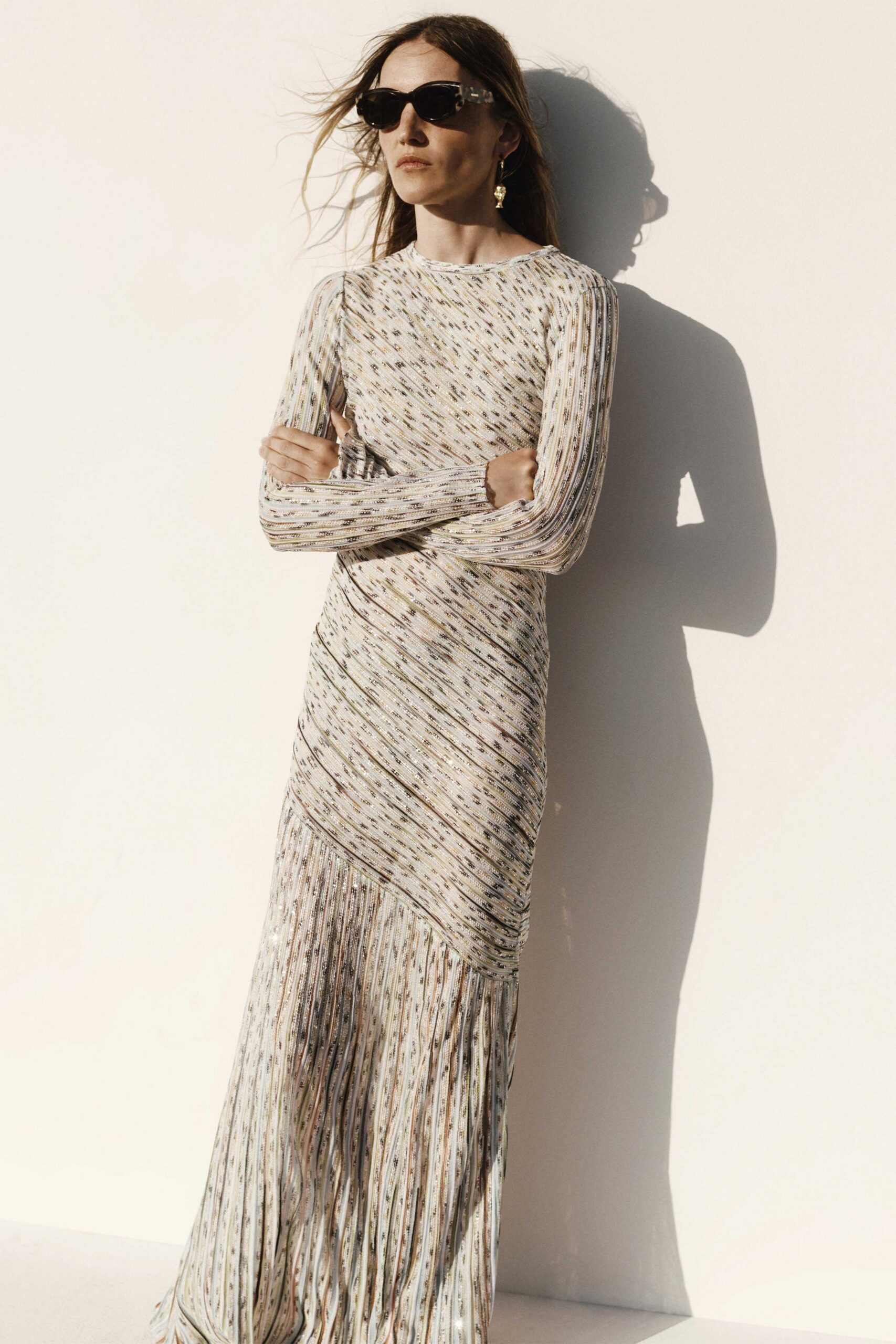 multi silk long-sleeve collared fitted pleated fringed gown