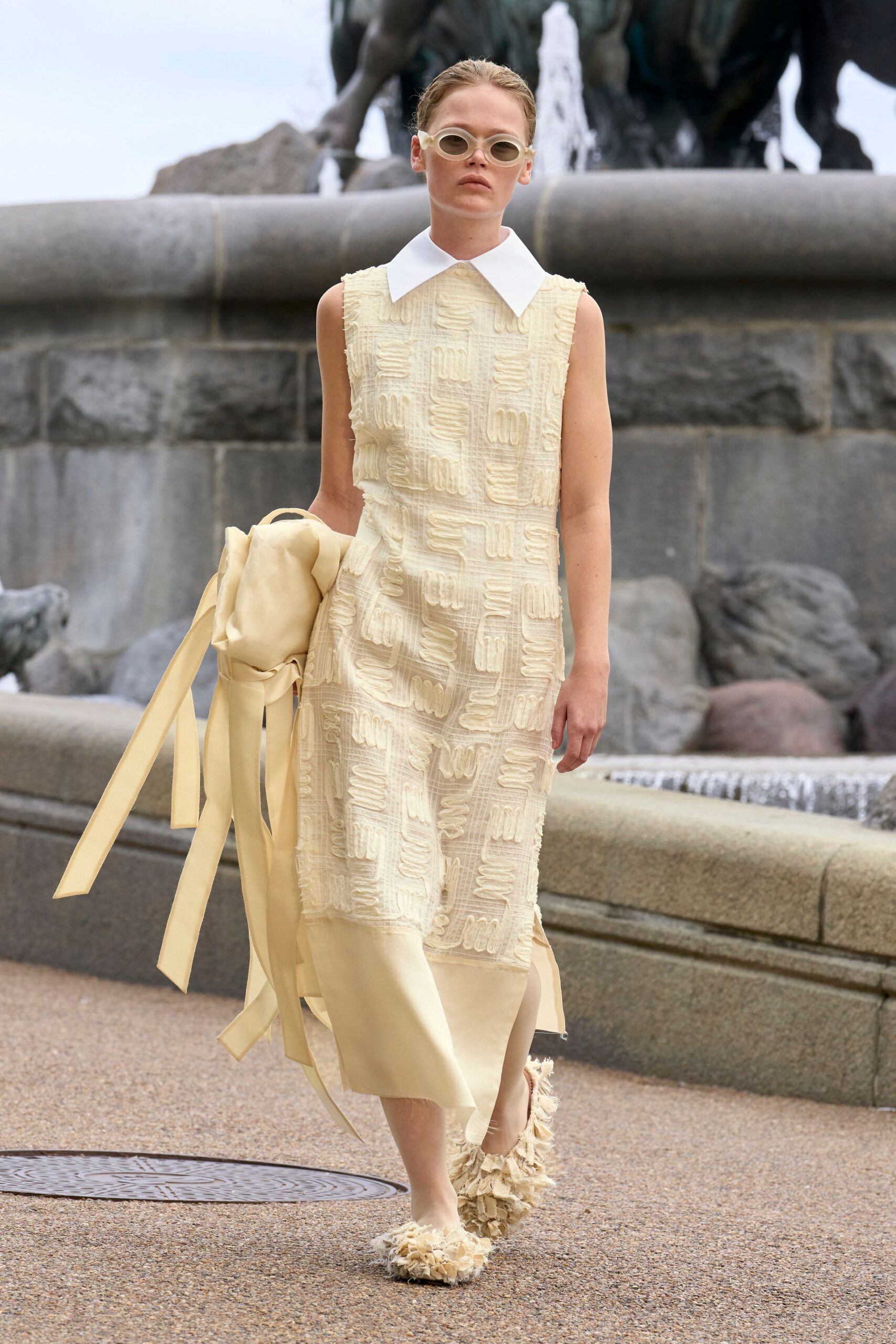 yellow cotton sleeveless collared fitted pleated midi dress