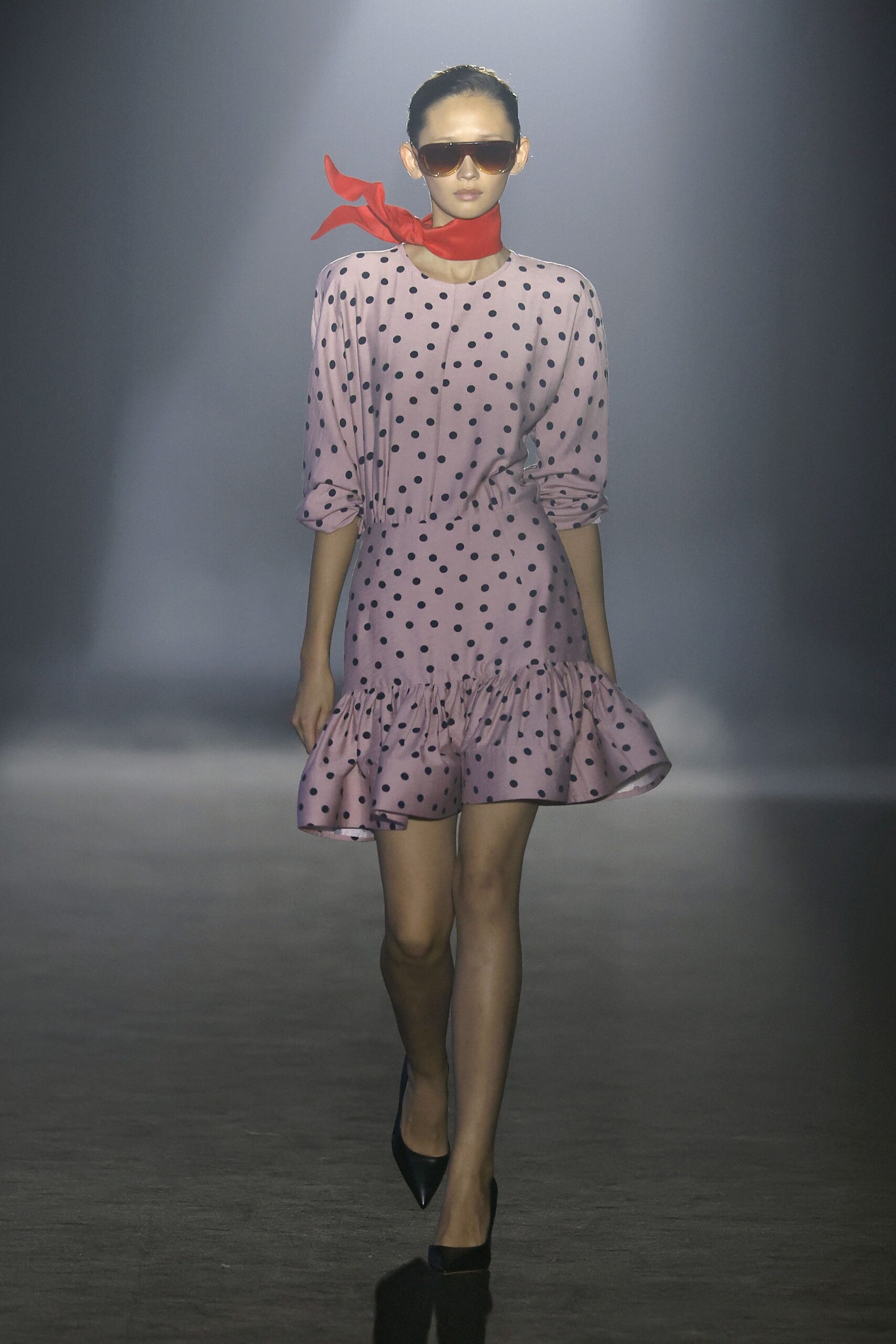 pink cotton long-sleeve v-neck fitted polka-dot ruffled dress