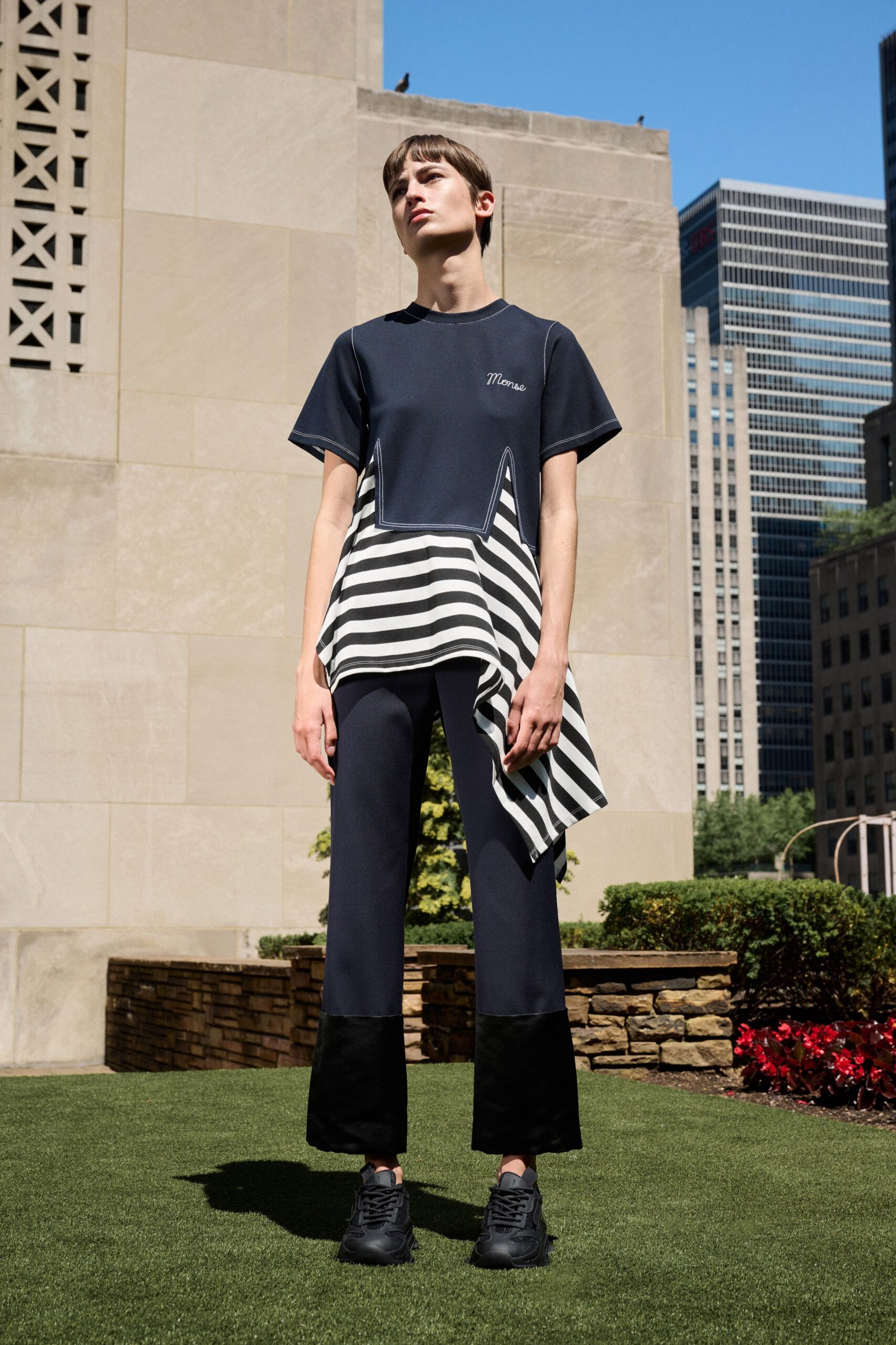 navy striped top with tailored pants