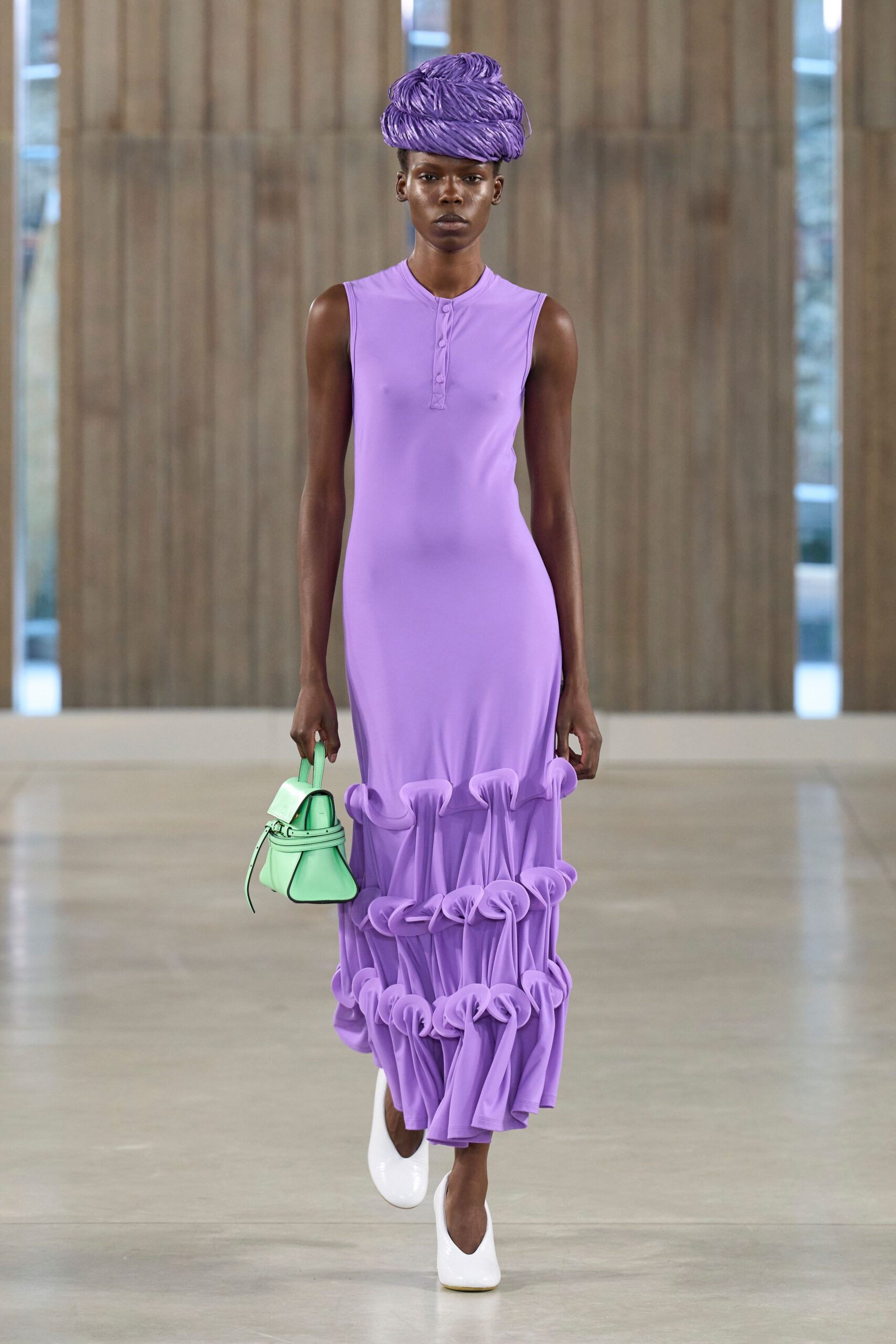purple cotton sleeveless high-neck fitted ruffled midi dress